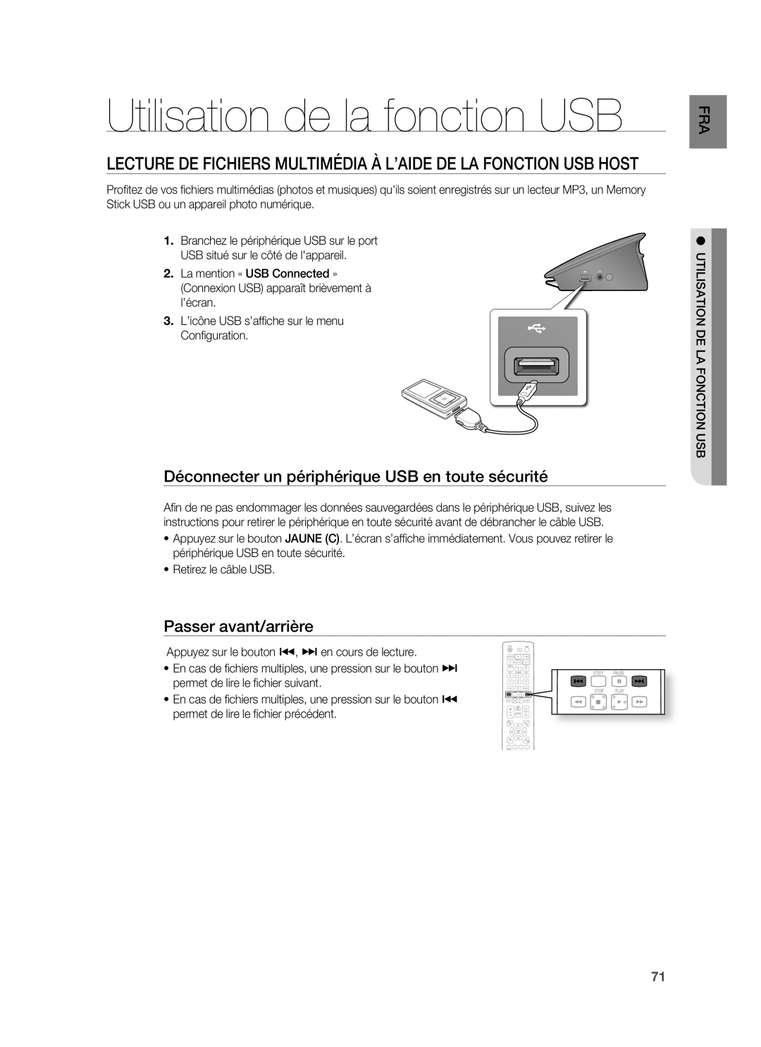 Samsung HT-BD6200R/XEF manual Utilisation de la fonction USB, Déconnecter un périphérique USB en toute sécurité 