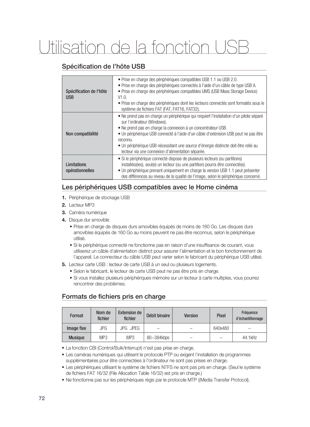 Samsung HT-BD6200R/XEF manual Spéciﬁcation de l’hôte USB, Les périphériques USB compatibles avec le Home cinéma, Usb 