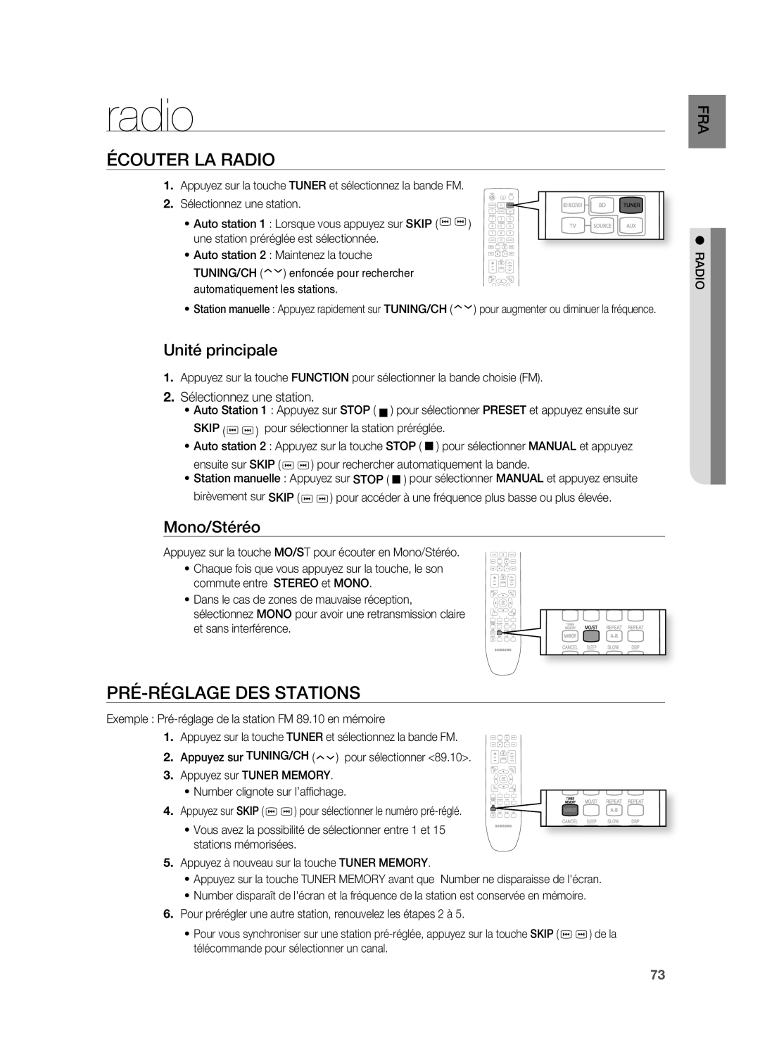 Samsung HT-BD6200R/XEF manual Écouter LA Radio, PRÉ-RÉGLAGE DES Stations, Unité principale, Mono/Stéréo 