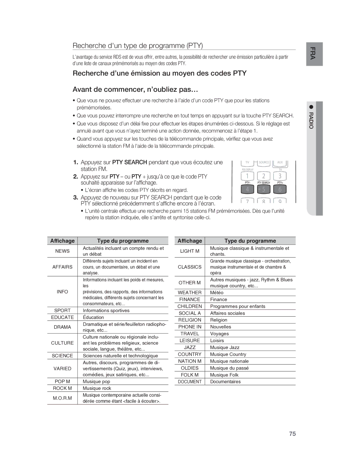 Samsung HT-BD6200R/XEF manual Recherche dun type de programme PTY, ’écran afﬁ che les codes PTY décrits en regard 