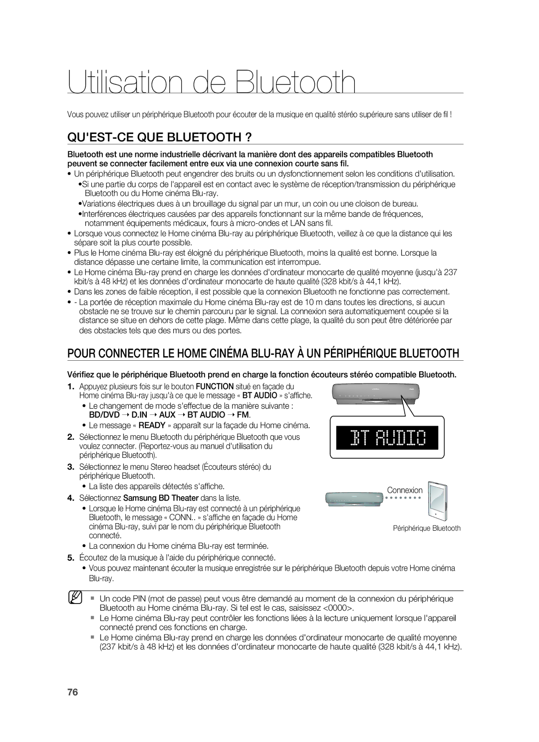 Samsung HT-BD6200R/XEF manual Utilisation de Bluetooth, QUEST-CE QUE Bluetooth ? 