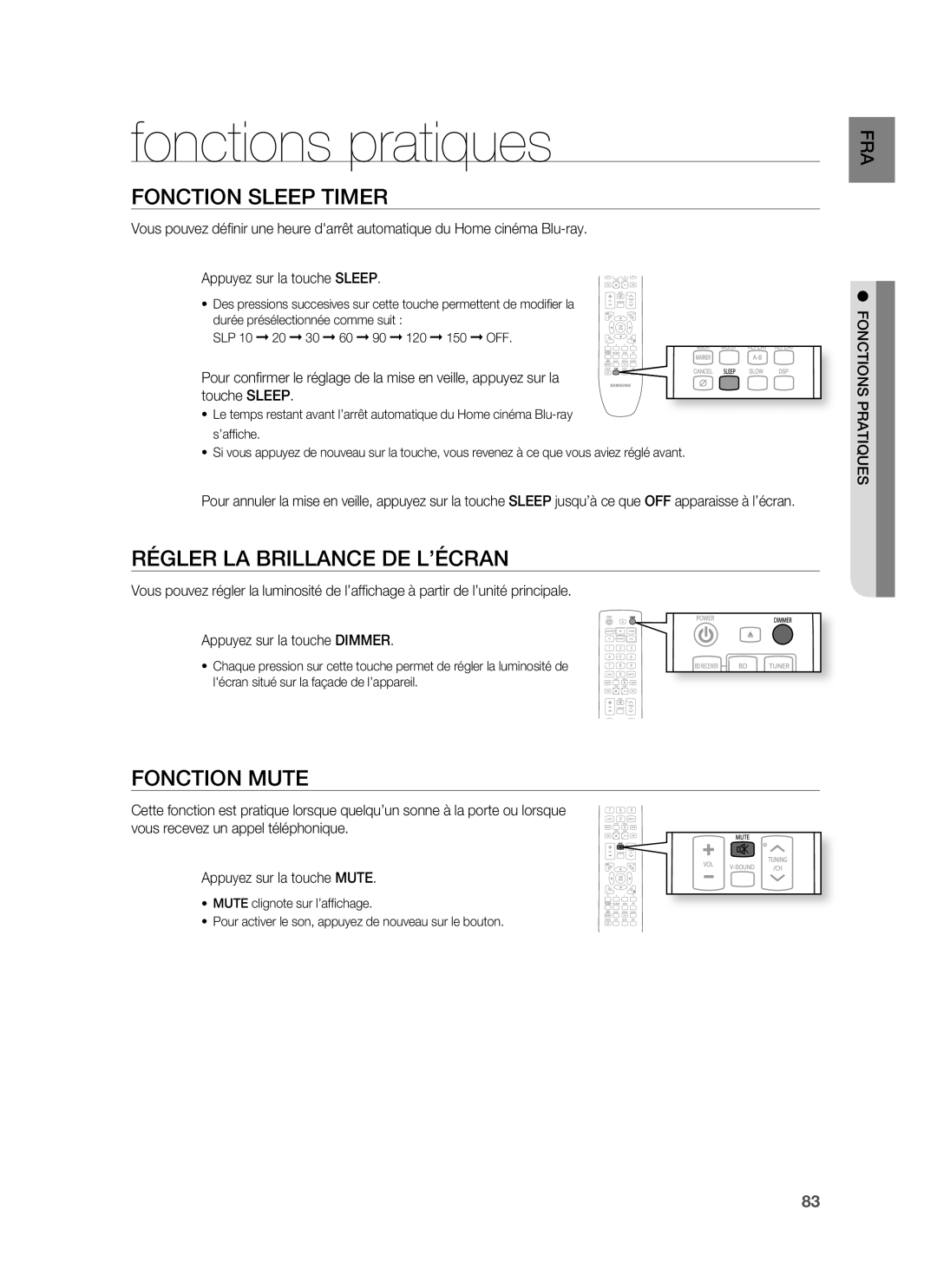 Samsung HT-BD6200R/XEF manual Fonctions pratiques, Fonction Sleep Timer, Régler LA Brillance DE L’ÉCRAN, Fonction Mute 