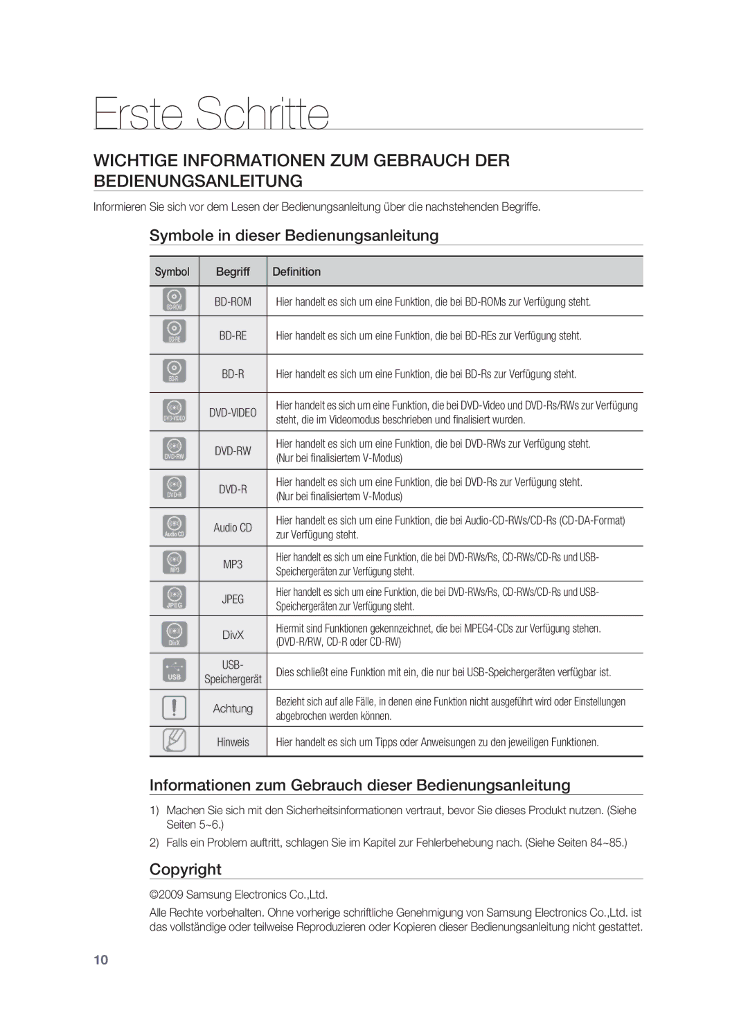 Samsung HT-BD6200R/XEF manual Erste Schritte, Wichtige Informationen ZUM Gebrauch DER Bedienungsanleitung, Copyright 