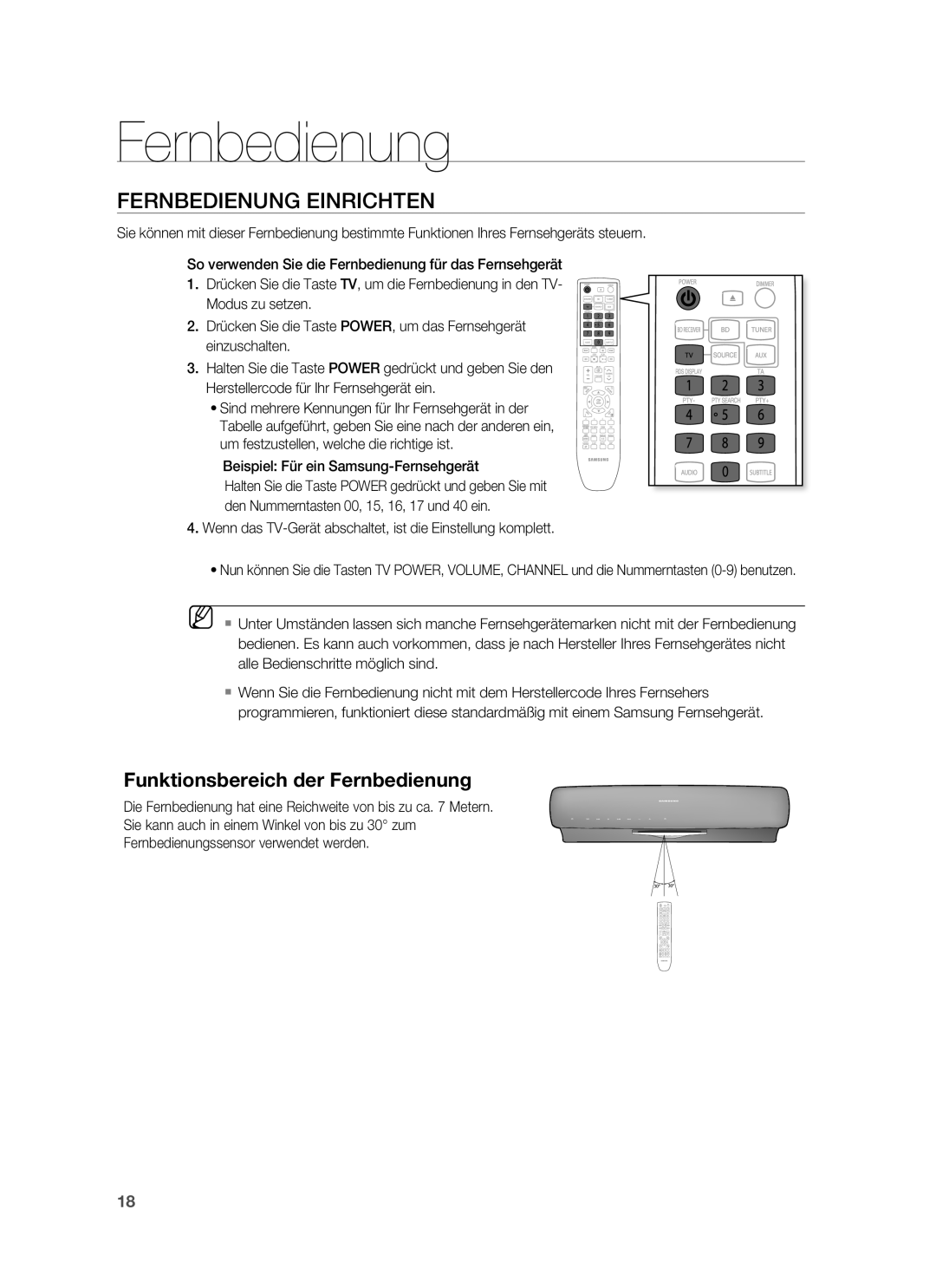 Samsung HT-BD6200R/XEF manual Fernbedienung Einrichten, Beispiel Für ein Samsung-Fernsehgerät 