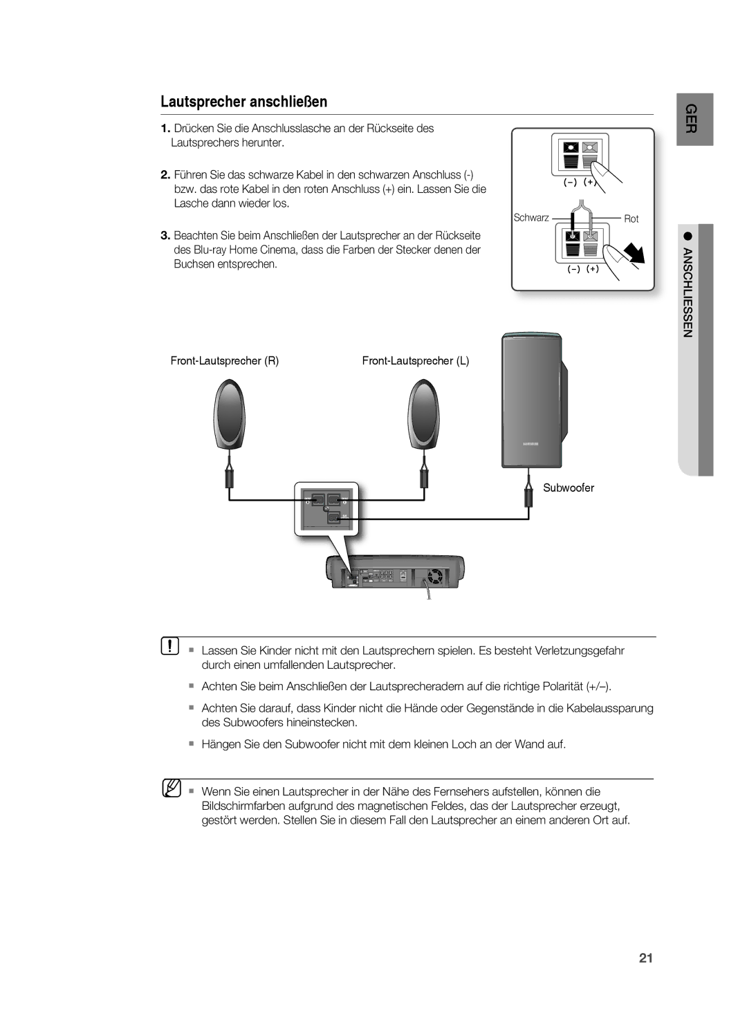 Samsung HT-BD6200R/XEF manual Lautsprecher anschließen, Anschliessen 