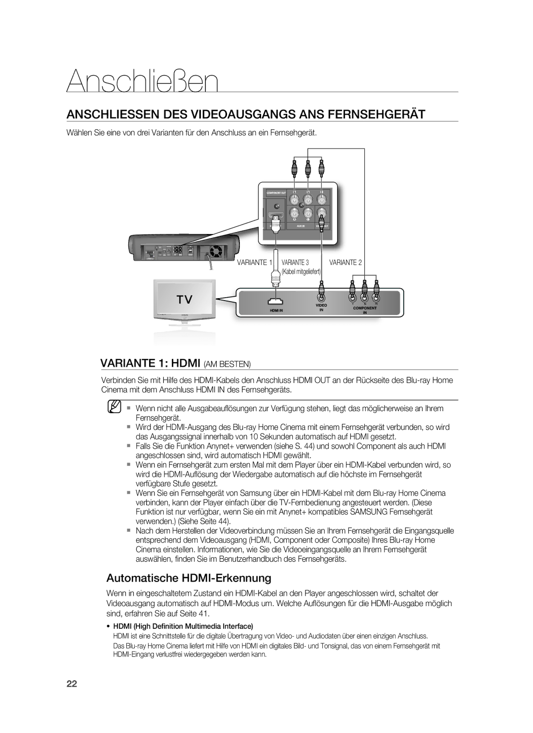 Samsung HT-BD6200R/XEF manual Anschliessen DES Videoausgangs ANS Fernsehgerät, Automatische HDMI-Erkennung 