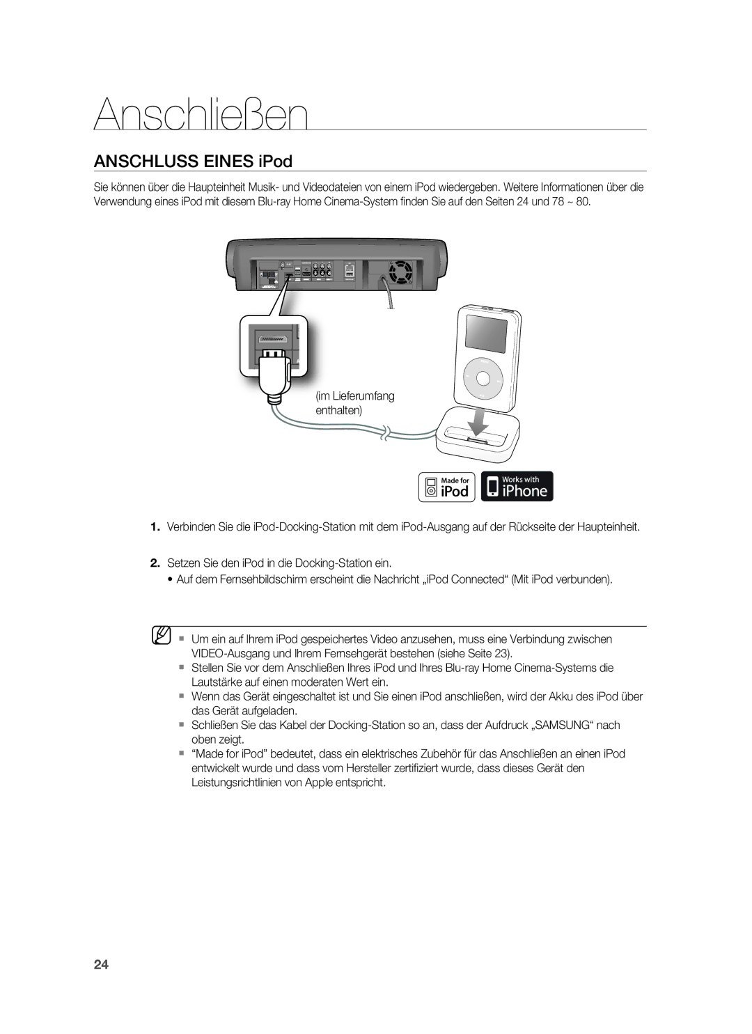 Samsung HT-BD6200R/XEF manual Anschluss Eines iPod 