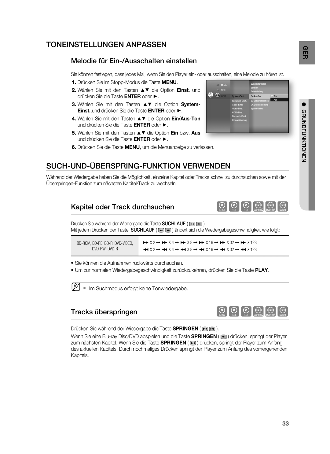 Samsung HT-BD6200R/XEF Toneinstellungen Anpassen, SUCH-UND-ÜBERSPRING-FUNKTION Verwenden, Kapitel oder Track durchsuchen 