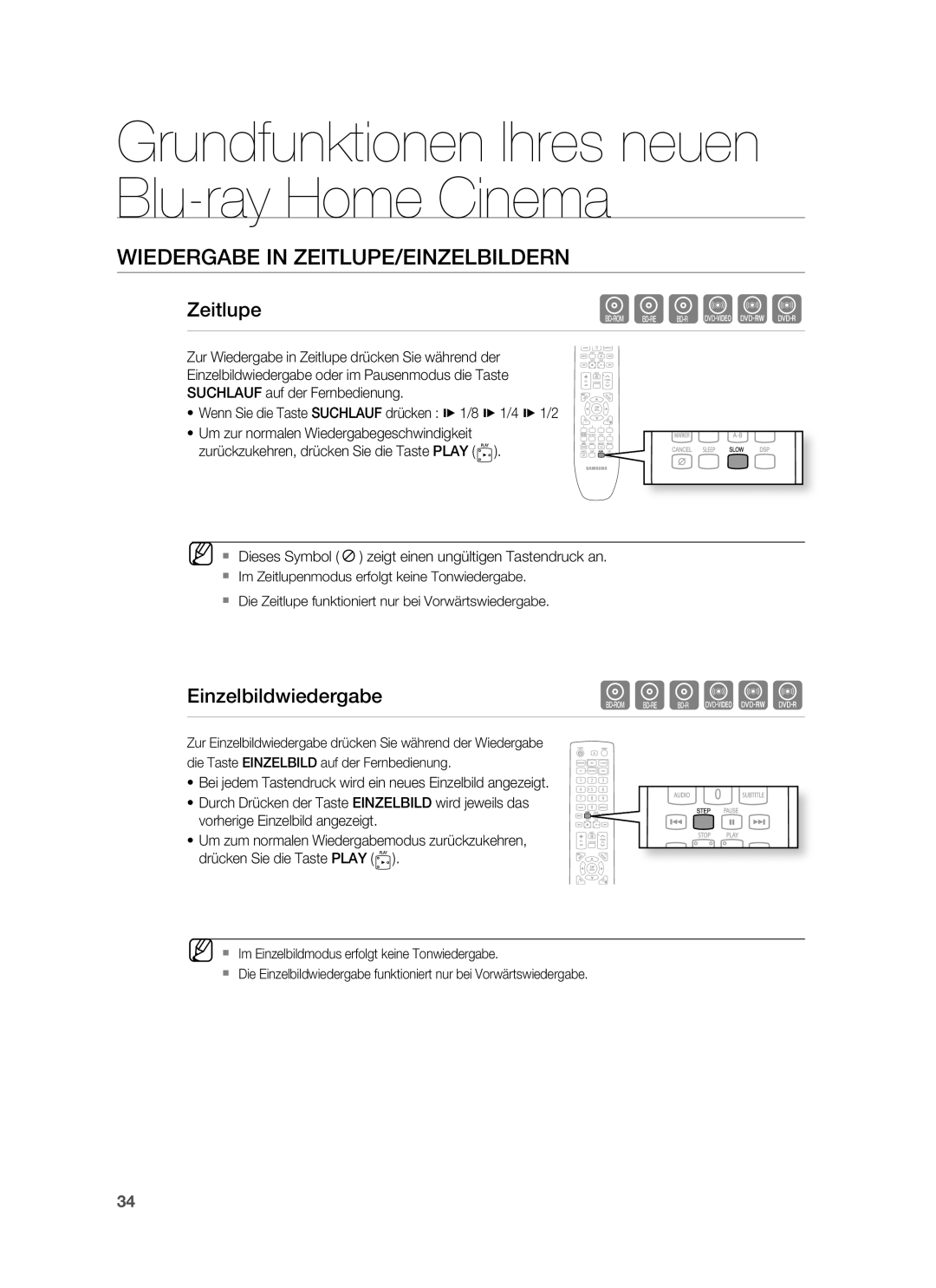 Samsung HT-BD6200R/XEF manual Wiedergabe in ZEITLUPE/EINZELBILDERN, Zeitlupe, EinzelbildwiedergabehgfZCV 