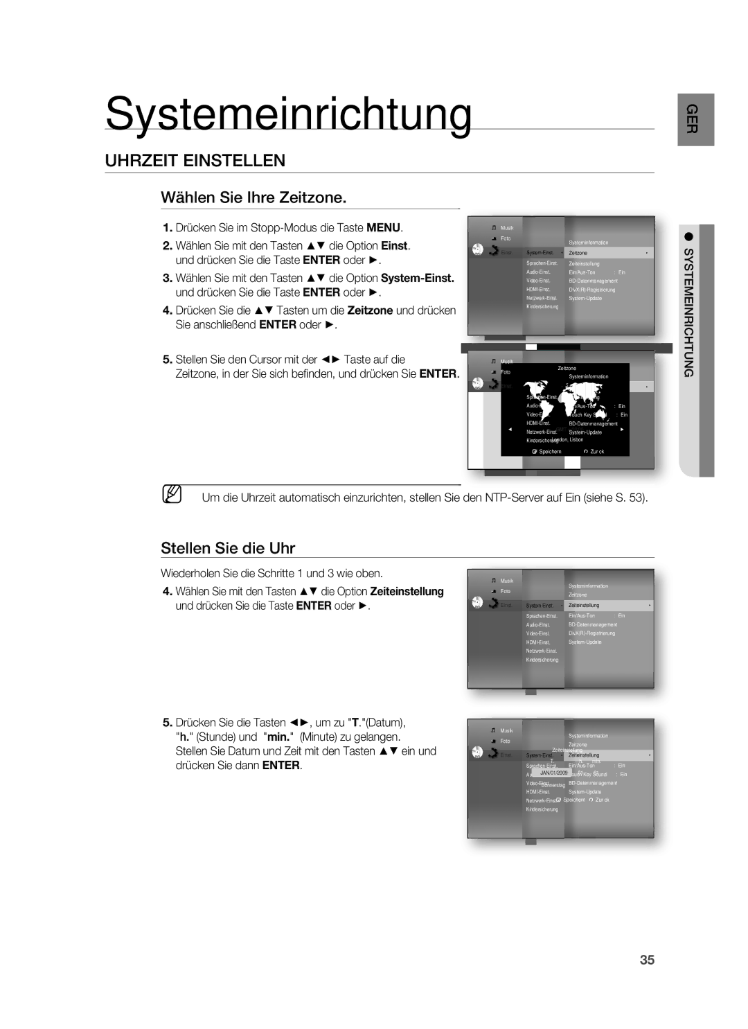 Samsung HT-BD6200R/XEF manual Systemeinrichtung, Uhrzeit Einstellen, Wählen Sie Ihre Zeitzone, Stellen Sie die Uhr 