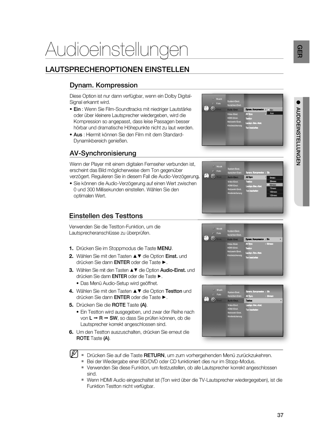 Samsung HT-BD6200R/XEF Audioeinstellungen, Lautsprecheroptionen Einstellen, Dynam. Kompression, Einstellen des Testtons 