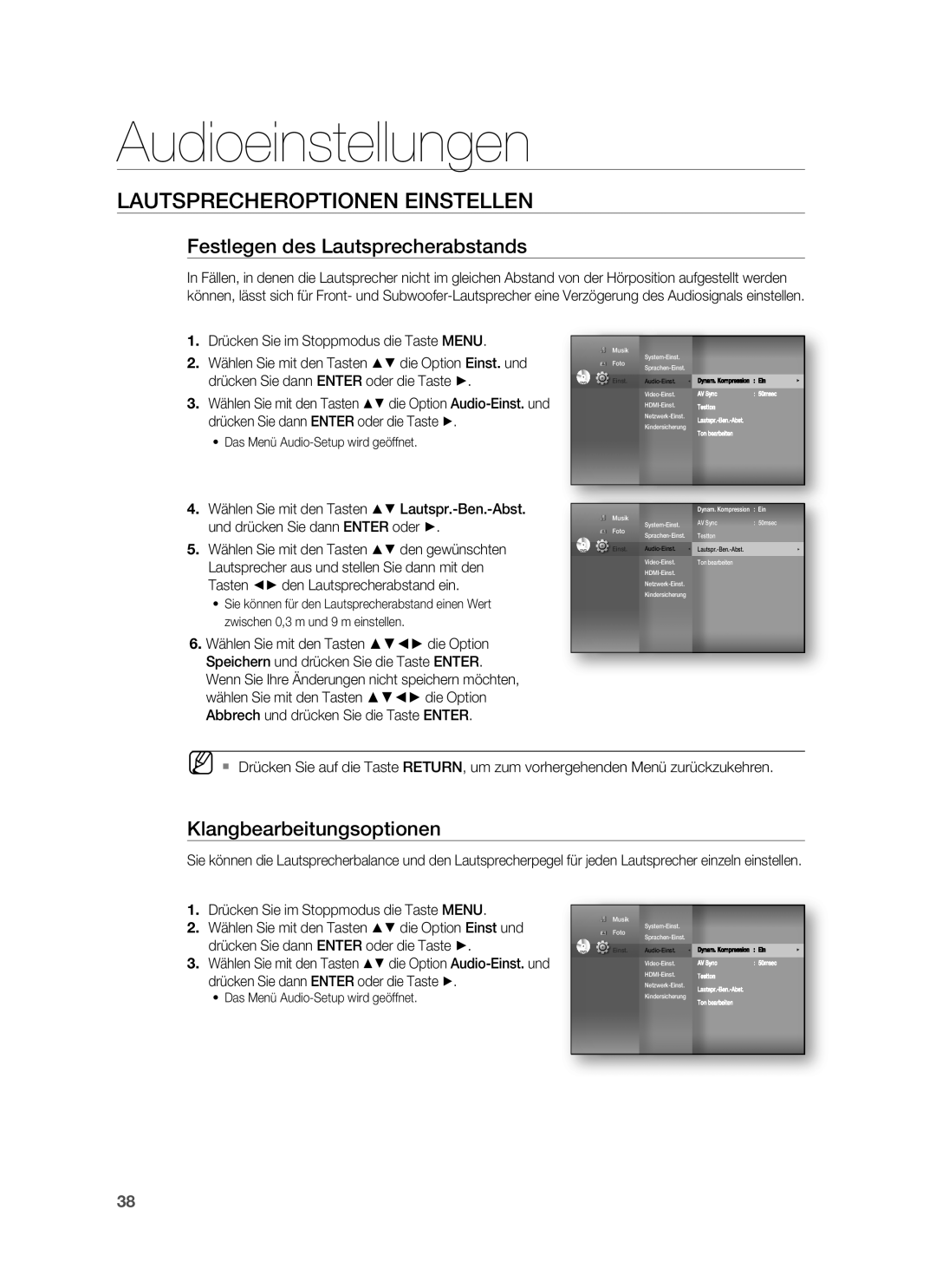 Samsung HT-BD6200R/XEF manual Festlegen des Lautsprecherabstands, Klangbearbeitungsoptionen 