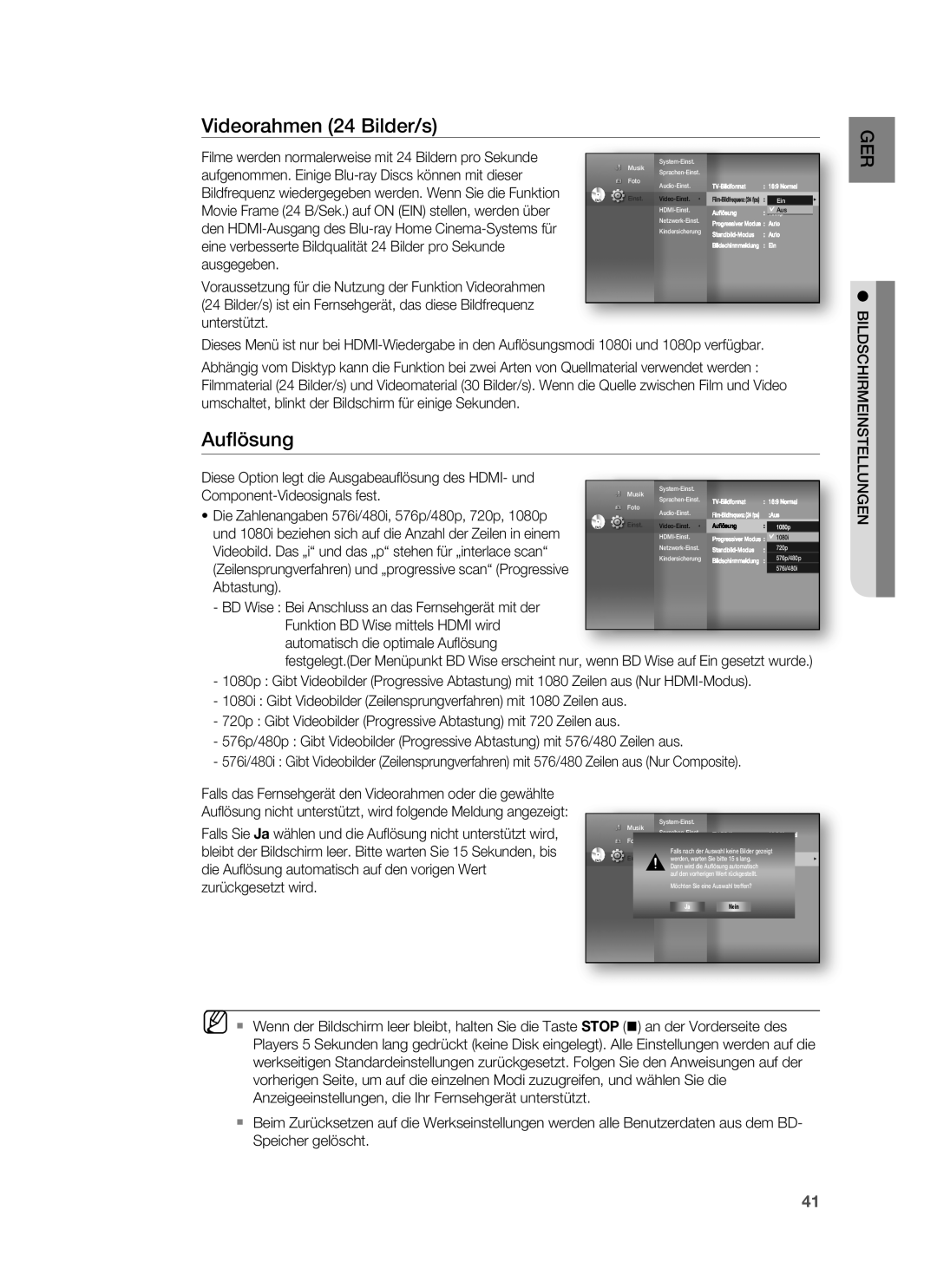 Samsung HT-BD6200R/XEF manual Videorahmen 24 Bilder/s, Auﬂösung, Bildschirmeinstellungen 