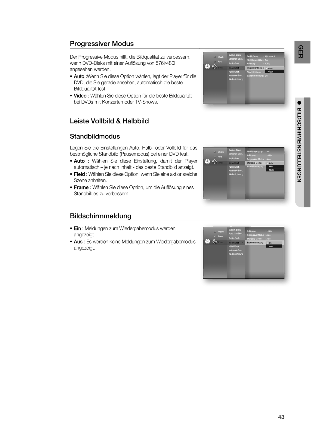 Samsung HT-BD6200R/XEF manual Progressiver Modus, Bildschirmmeldung 