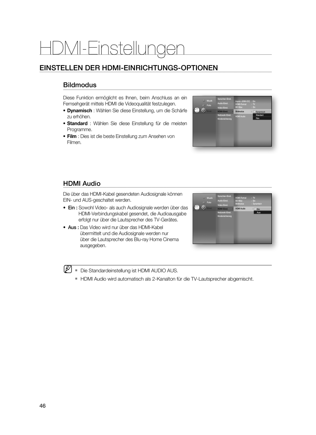 Samsung HT-BD6200R/XEF Einstellen DER HDMI-EINRICHTUNGS-OPTIONEN, Bildmodus, Zu erhöhen, EIN- und AUS-geschaltet werden 