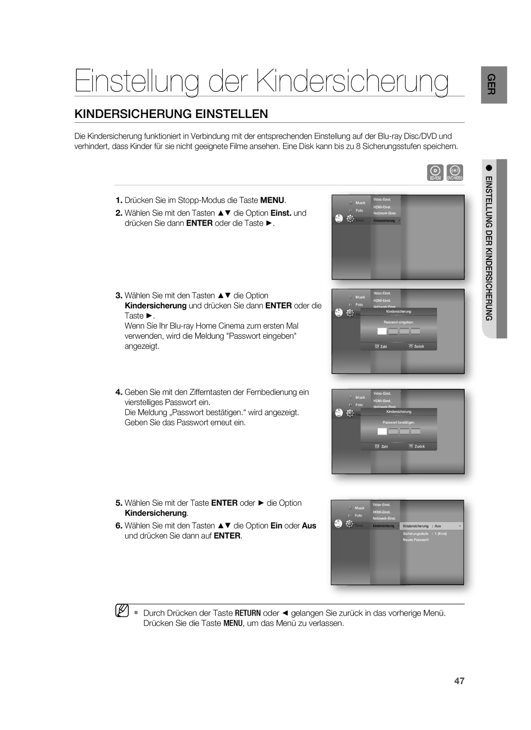 Samsung HT-BD6200R/XEF manual Kindersicherung Einstellen, Vierstelliges Passwort ein, Geben Sie das Passwort erneut ein 