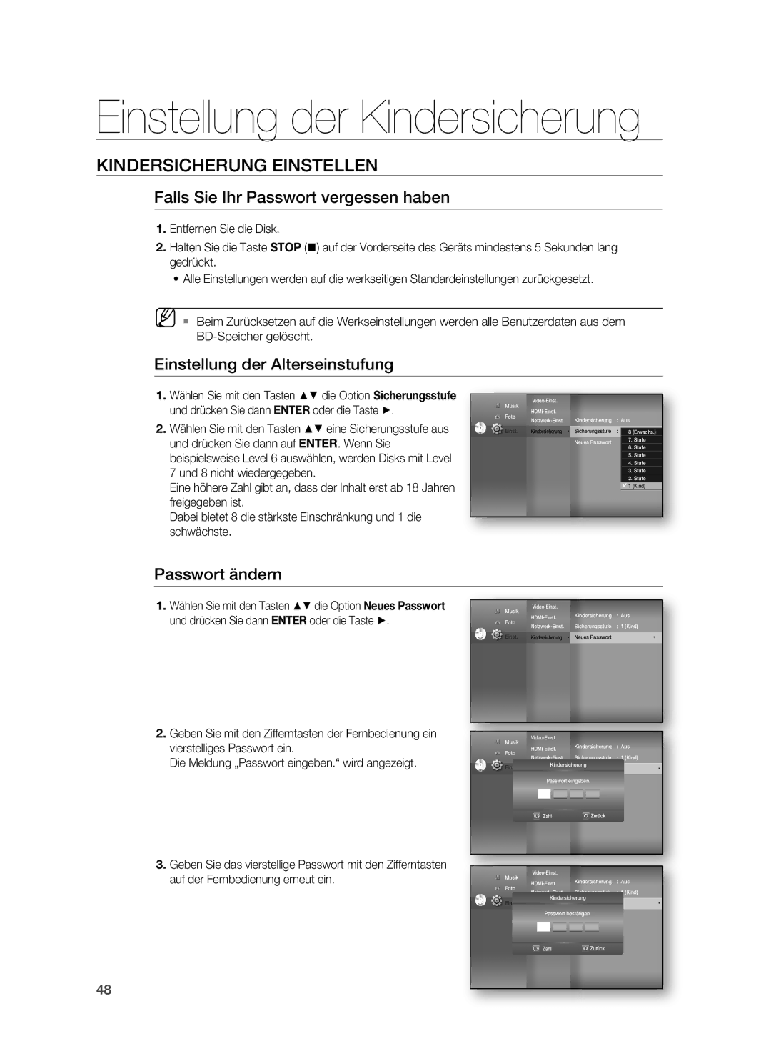 Samsung HT-BD6200R/XEF manual Falls Sie Ihr Passwort vergessen haben, Einstellung der Alterseinstufung, Passwort ändern 