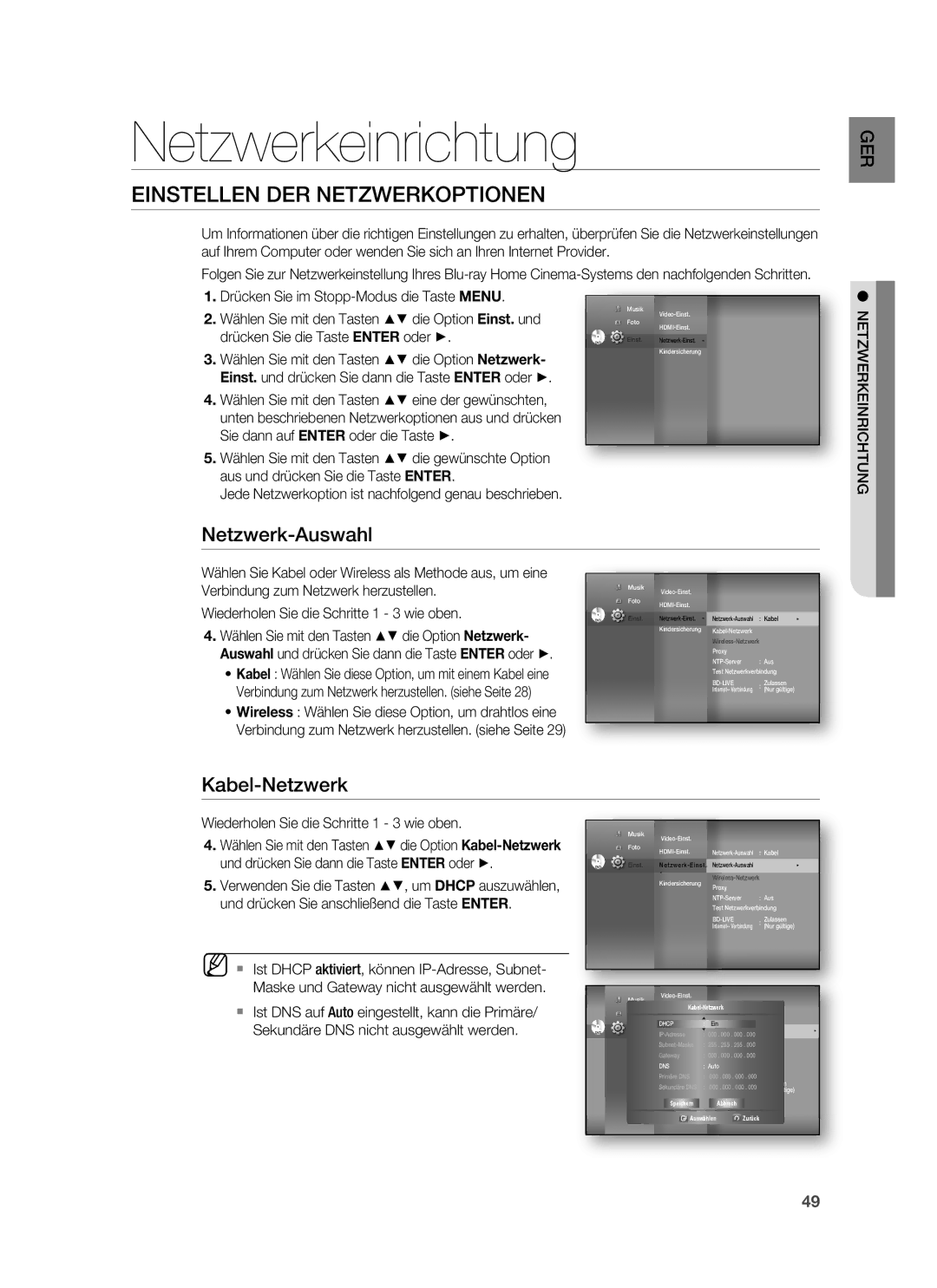 Samsung HT-BD6200R/XEF manual Netzwerkeinrichtung, Einstellen DER Netzwerkoptionen, Netzwerk-Auswahl, Kabel-Netzwerk 