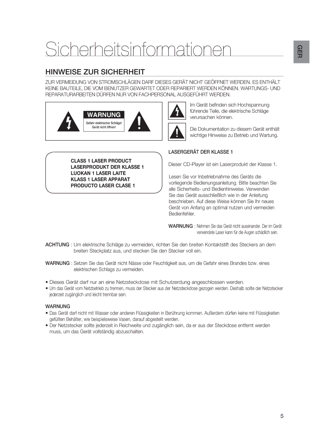 Samsung HT-BD6200R/XEF manual Sicherheitsinformationen, Hinweise ZUR Sicherheit, Lasergerät DER Klasse, Warnung 