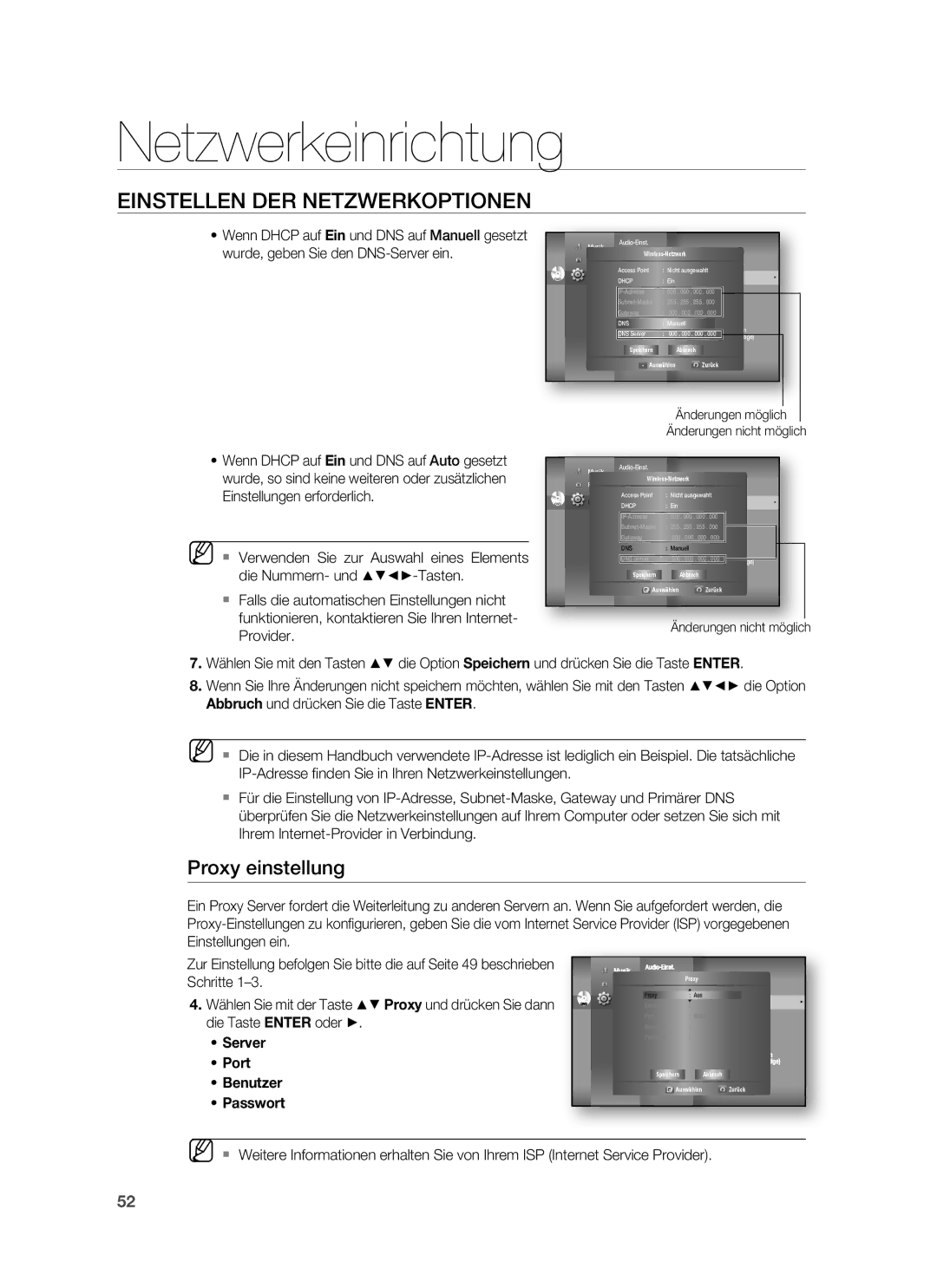 Samsung HT-BD6200R/XEF manual Proxy einstellung, Video-Einst.Wireless-Netzwerk 