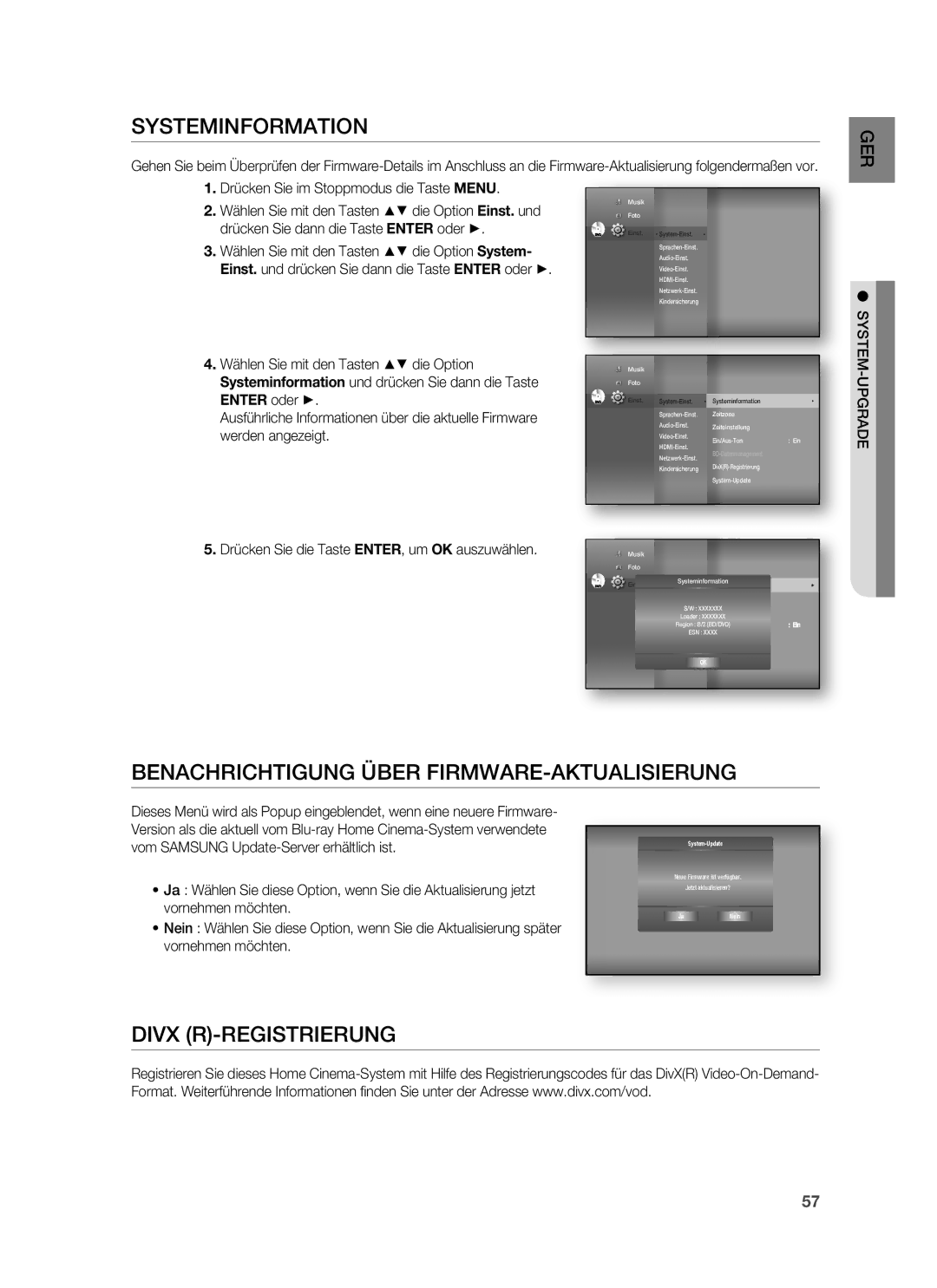 Samsung HT-BD6200R/XEF Systeminformation, Benachrichtigung Über FIRMWARE-AKTUALISIERUNG, Divx R-REGISTRIERUNG, JaNein 