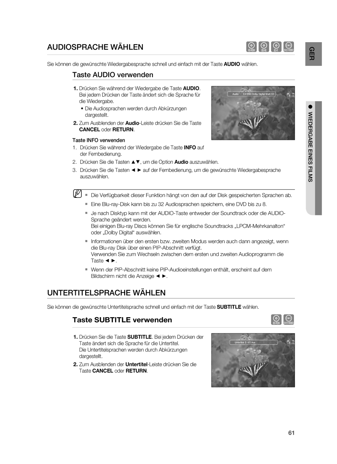 Samsung HT-BD6200R/XEF manual Audiosprache Wählen, Untertitelsprache Wählen, Taste Audio verwenden, Wiedergabe Eines Films 