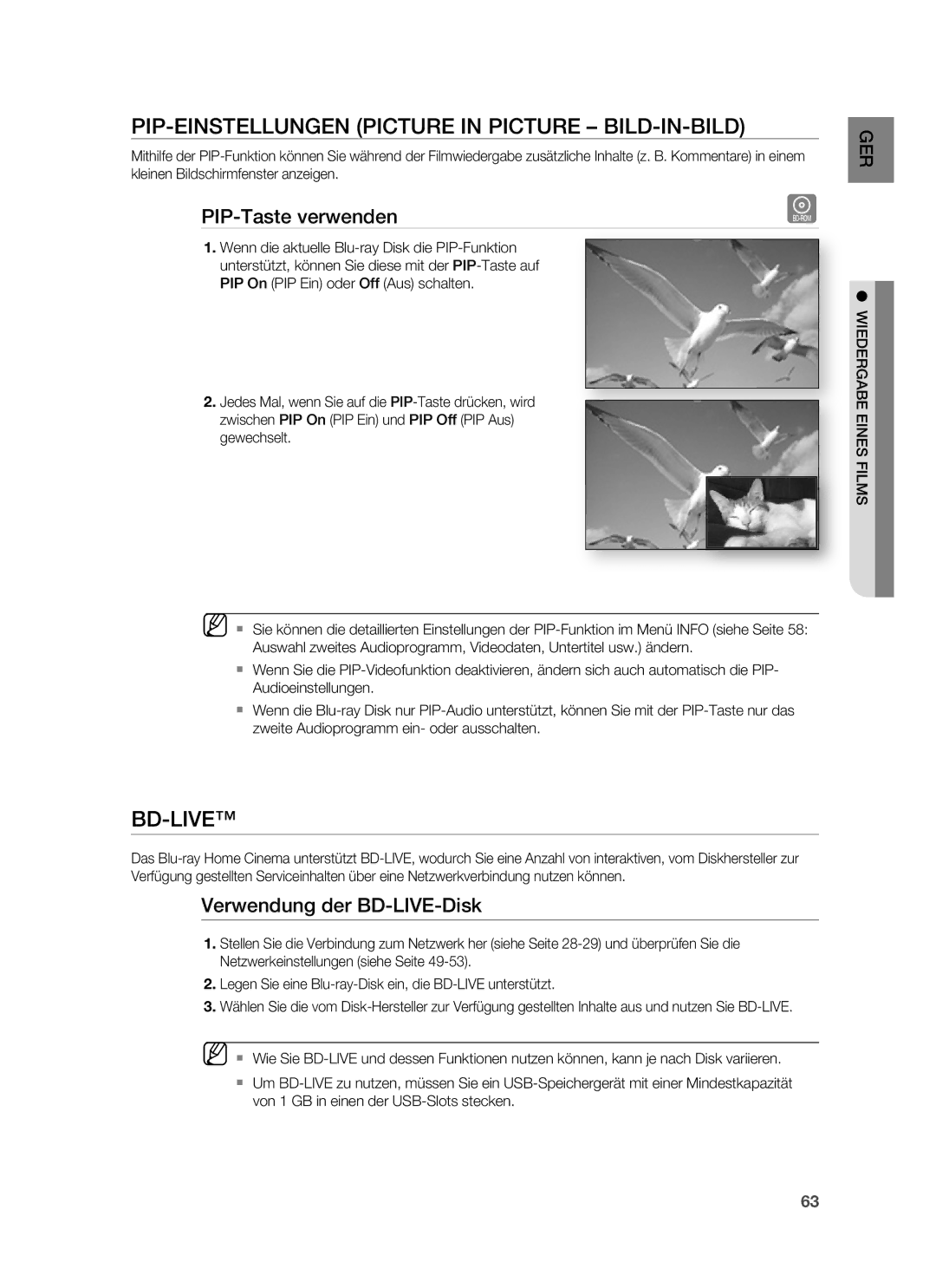 Samsung HT-BD6200R/XEF manual PIP-EINSTELLUNGEN Picture in Picture BILD-IN-BILD, Bd-Live, PIP-Taste verwenden 