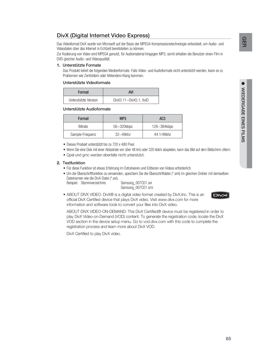 Samsung HT-BD6200R/XEF manual DivX Digital Internet Video Express, Unterstützte Videoformate Format, Avi 