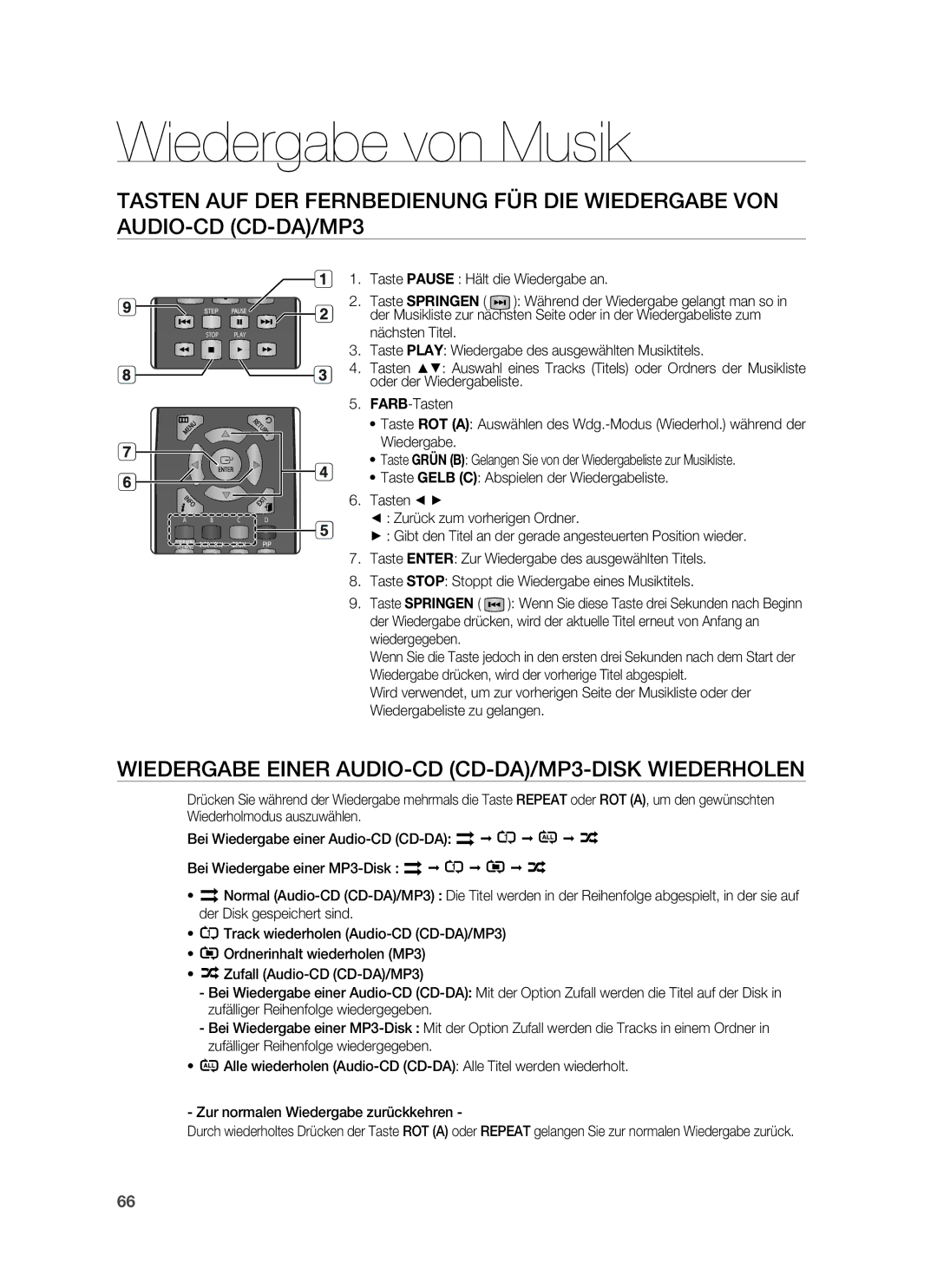 Samsung HT-BD6200R/XEF manual Wiedergabe von Musik, Wiedergabe Einer AUDIO-CD CD-DA/MP3-DISK Wiederholen 