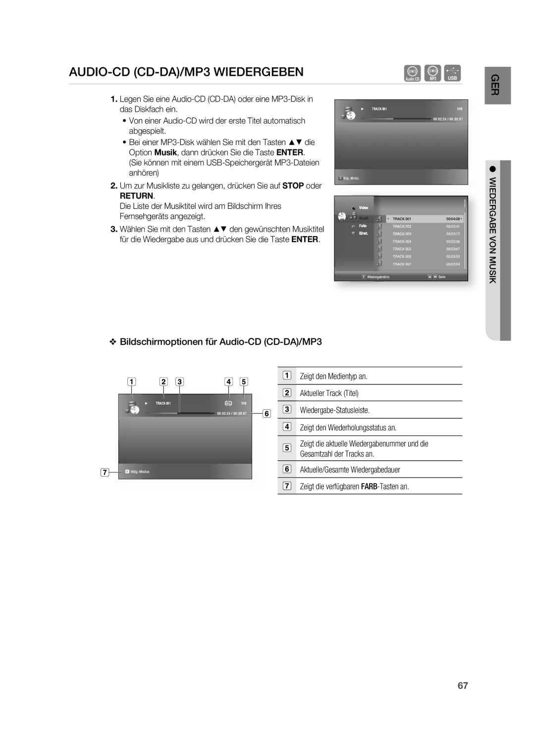 Samsung HT-BD6200R/XEF manual AUDIO-CD CD-DA/MP3 Wiedergeben, Bildschirmoptionen für Audio-CD CD-DA/MP3, 000224, Track 