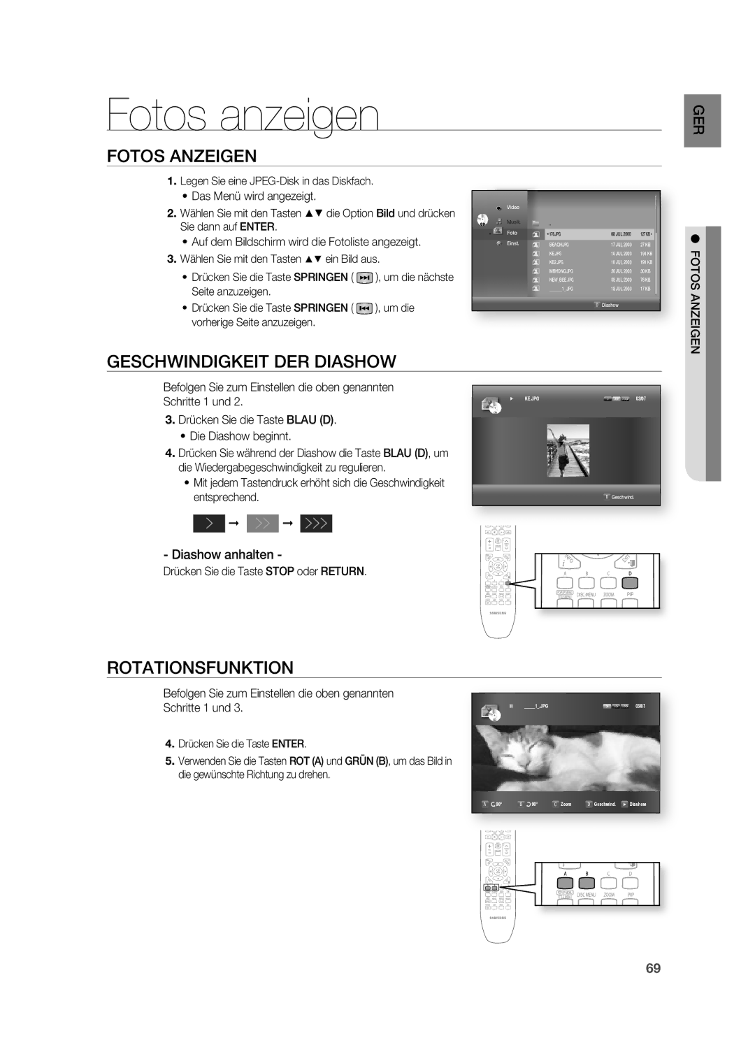 Samsung HT-BD6200R/XEF Fotos anzeigen, Fotos Anzeigen, Geschwindigkeit DER Diashow, Rotationsfunktion, Diashow anhalten 