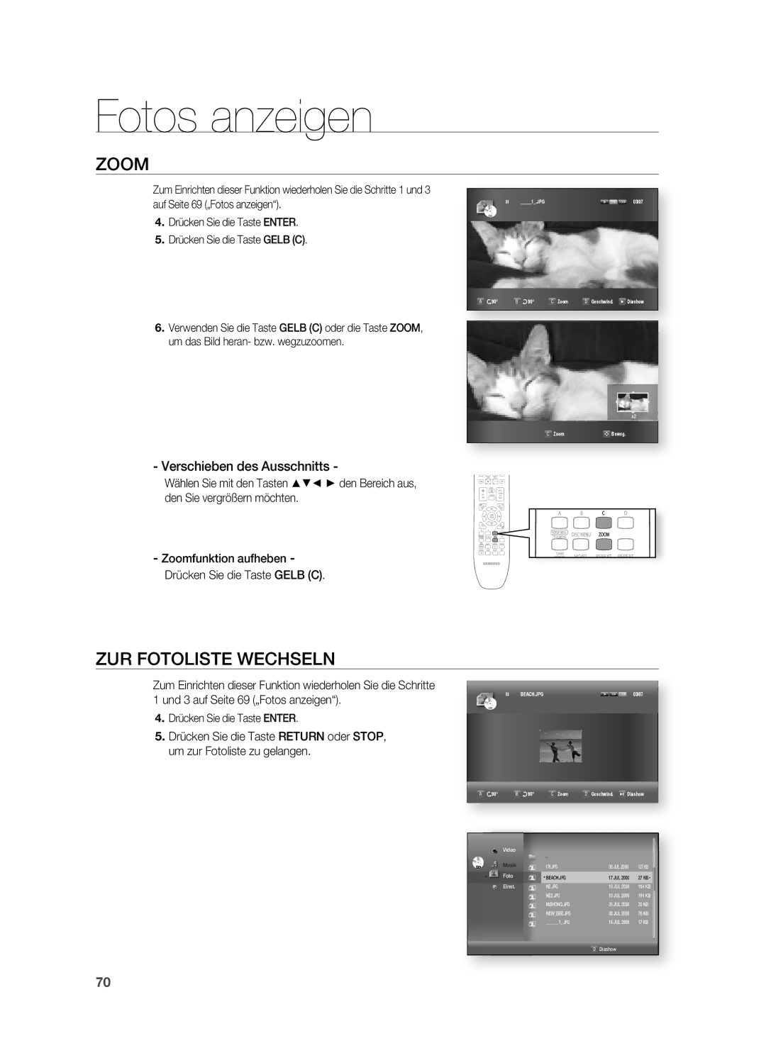 Samsung HT-BD6200R/XEF manual Zoom, ZUR Fotoliste Wechseln, Verschieben des Ausschnitts 