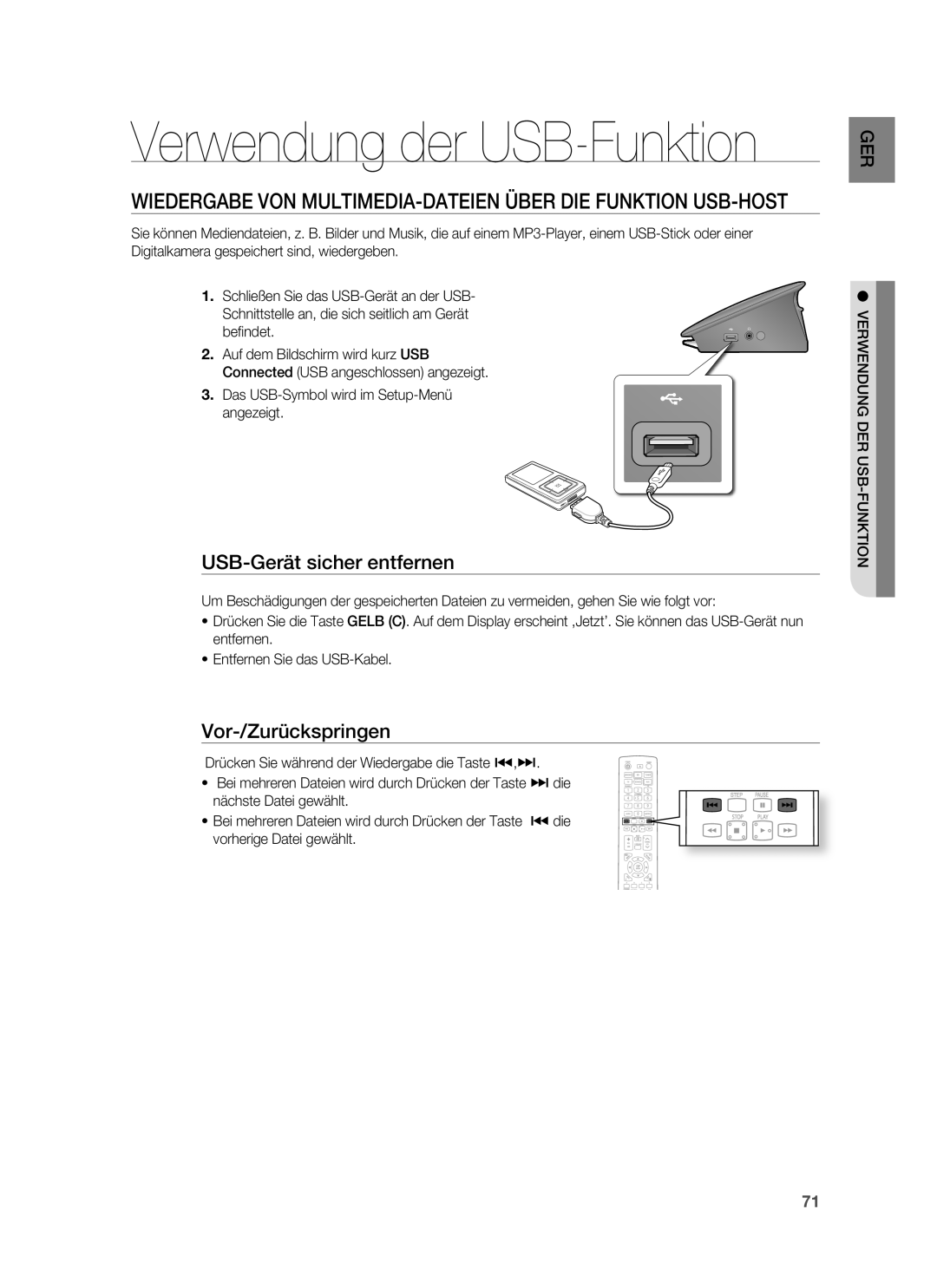 Samsung HT-BD6200R/XEF manual USB-Gerät sicher entfernen, Beﬁ ndet, Das USB-Symbol wird im Setup-Menü angezeigt 