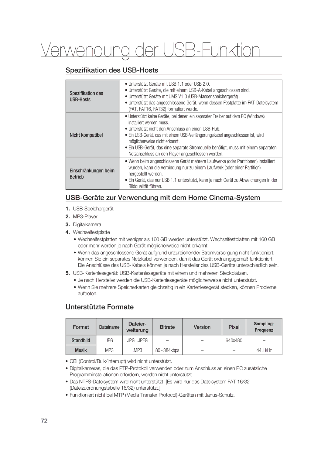 Samsung HT-BD6200R/XEF manual Verwendung der USB-Funktion, Speziﬁkation des USB-Hosts, Unterstützte Formate 