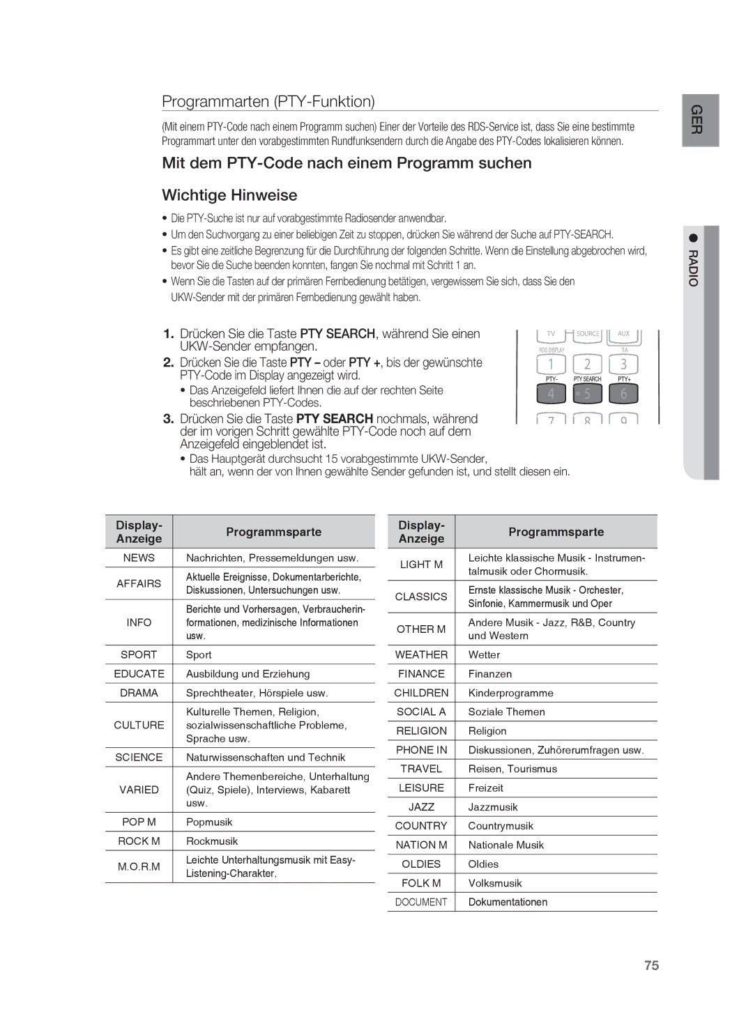 Samsung HT-BD6200R/XEF manual Programmarten PTY-Funktion, Display Programmsparte Anzeige 