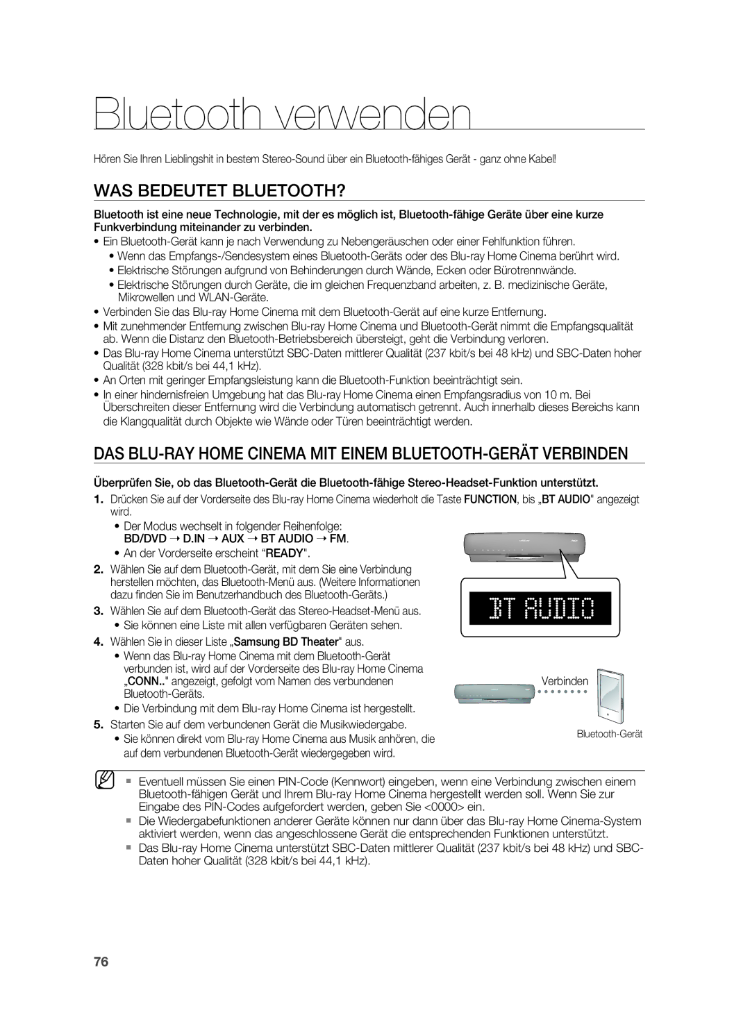 Samsung HT-BD6200R/XEF manual Bluetooth verwenden, WAS Bedeutet BLUETOOTH?, BD/DVD D.IN AUX BT Audio FM 