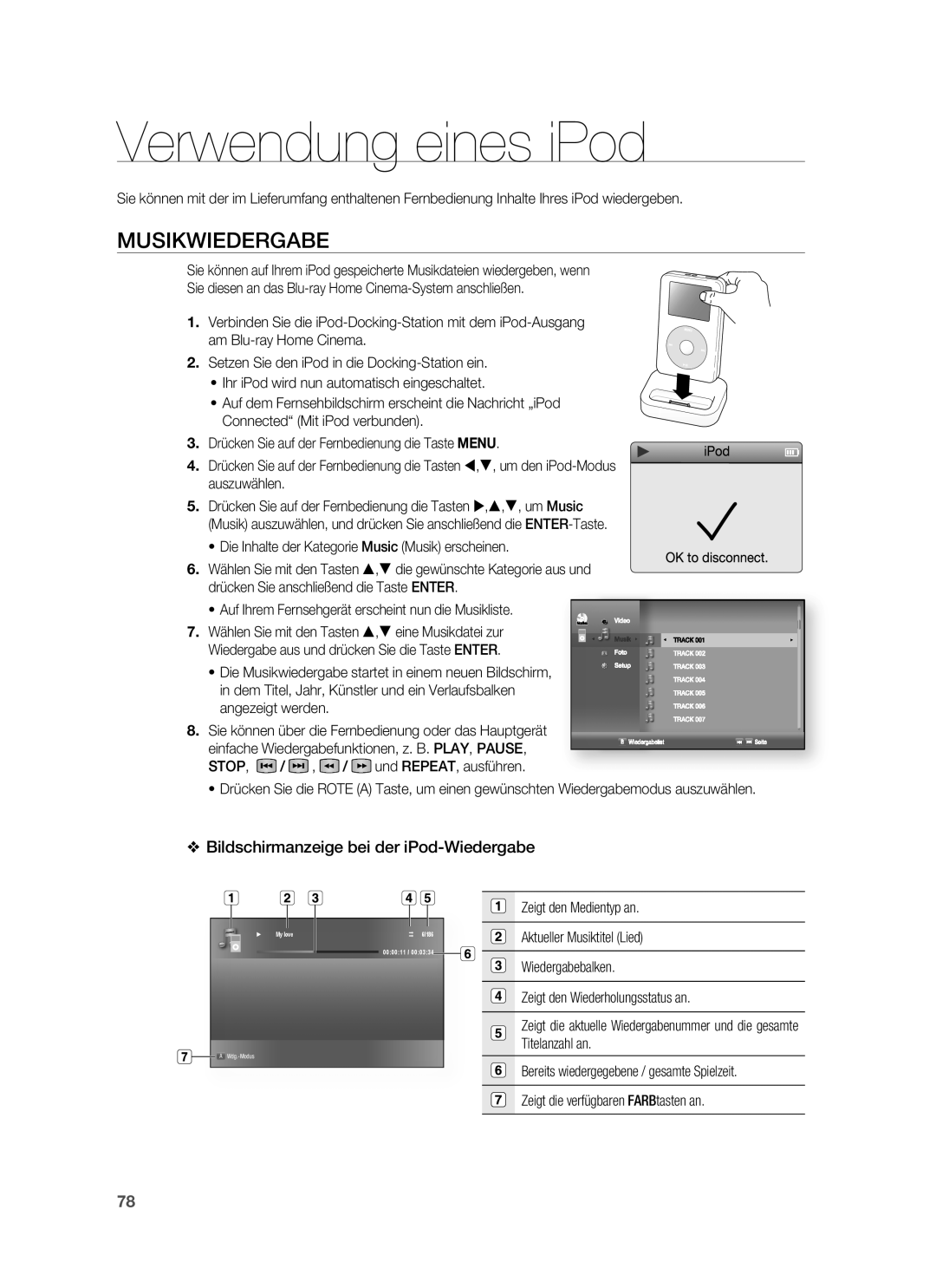 Samsung HT-BD6200R/XEF manual Verwendung eines iPod, Musikwiedergabe, Bildschirmanzeige bei der iPod-Wiedergabe, Stop 