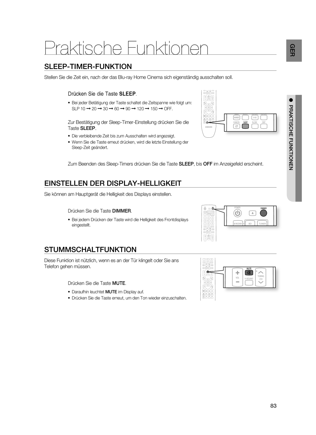 Samsung HT-BD6200R/XEF Praktische Funktionen, Sleep-Timer-Funktion, Einstellen DER DISPLAY-HELLIGKEIT, Stummschaltfunktion 