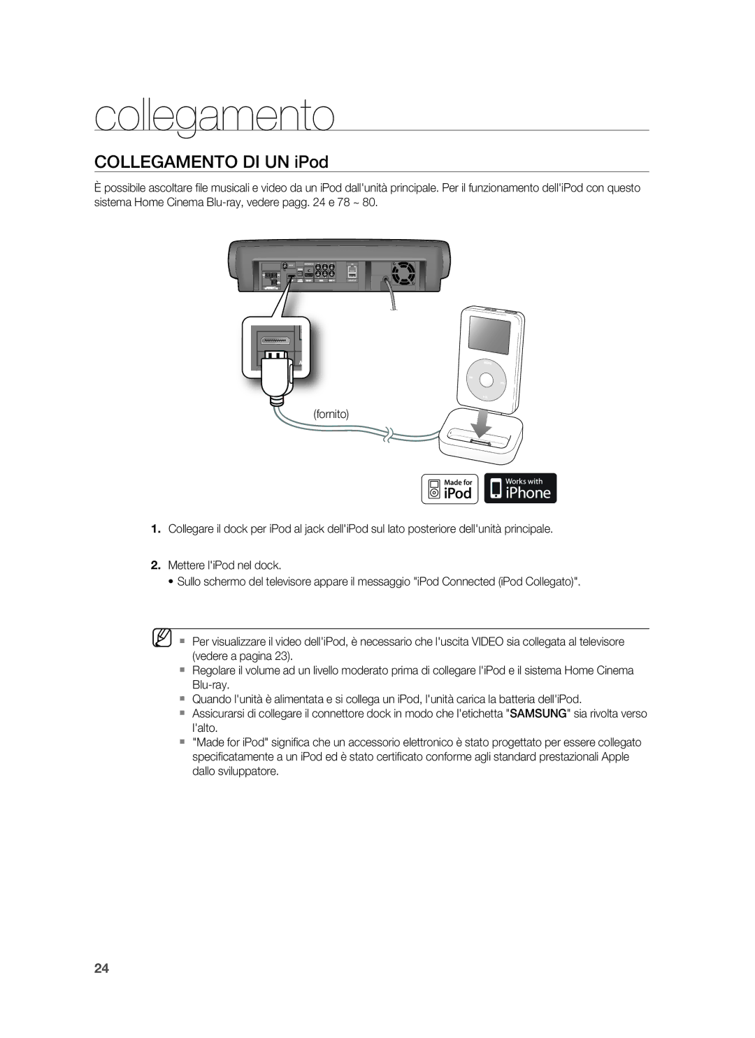 Samsung HT-BD6200R/XET manual Collegamento DI UN iPod 