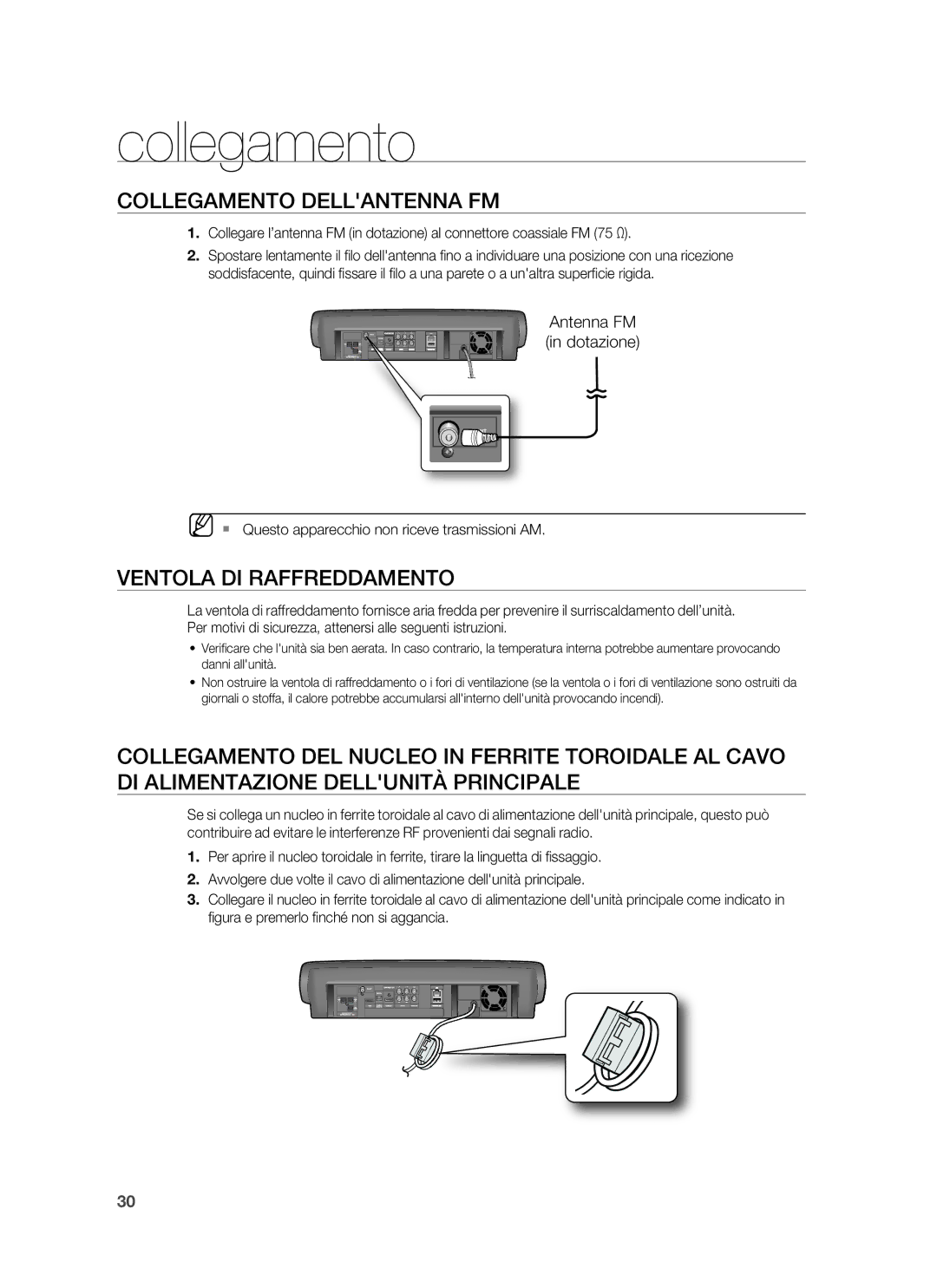 Samsung HT-BD6200R/XET manual Collegamento Dellantenna FM, Ventola DI Raffreddamento, Antenna FM in dotazione 