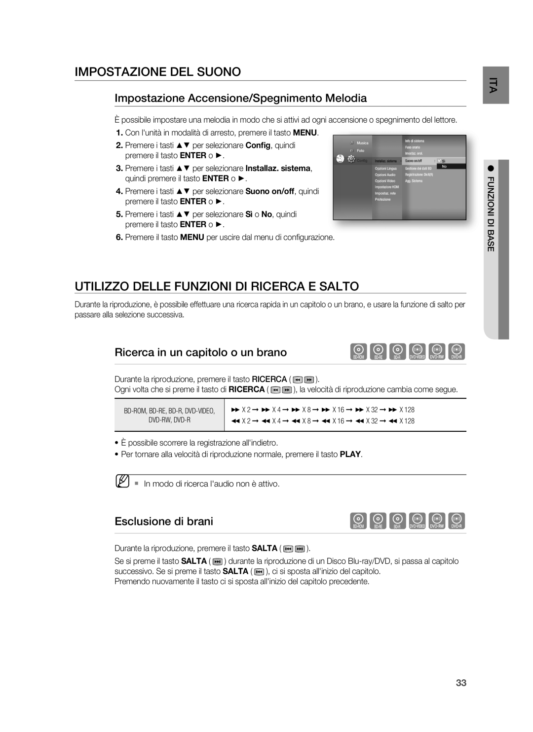 Samsung HT-BD6200R/XET manual Impostazione DEL Suono, Utilizzo Delle Funzioni DI Ricerca E Salto, Esclusione di brani 