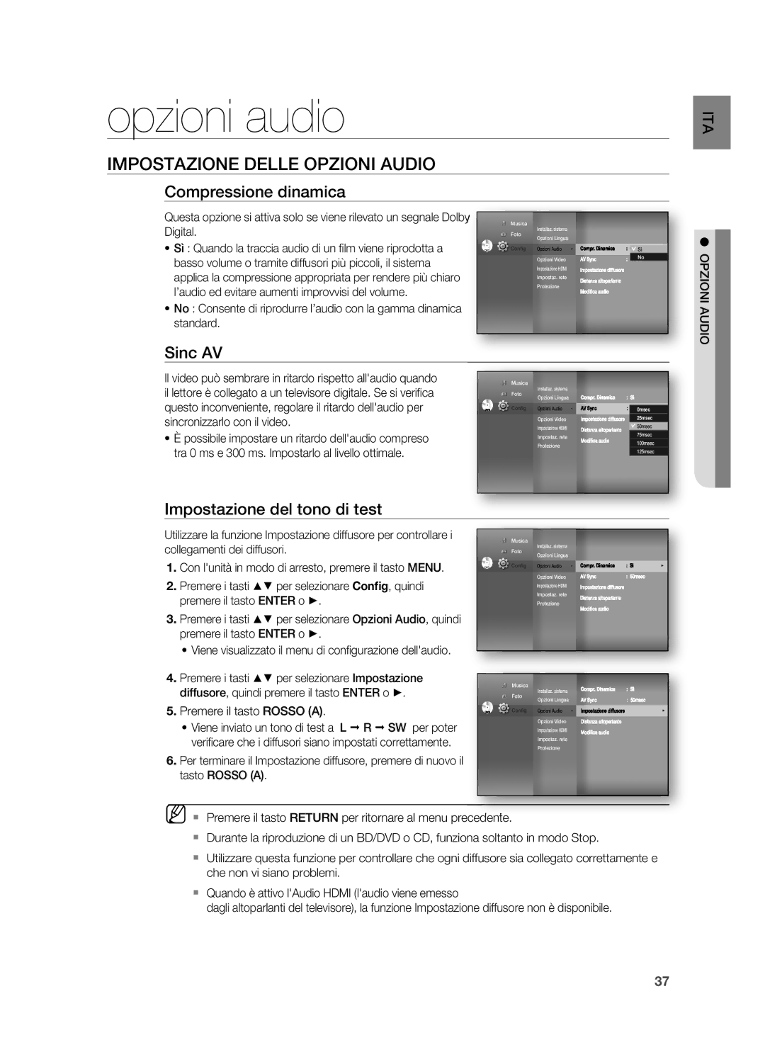 Samsung HT-BD6200R/XET manual Opzioni audio, Impostazione Delle Opzioni Audio, Compressione dinamica 