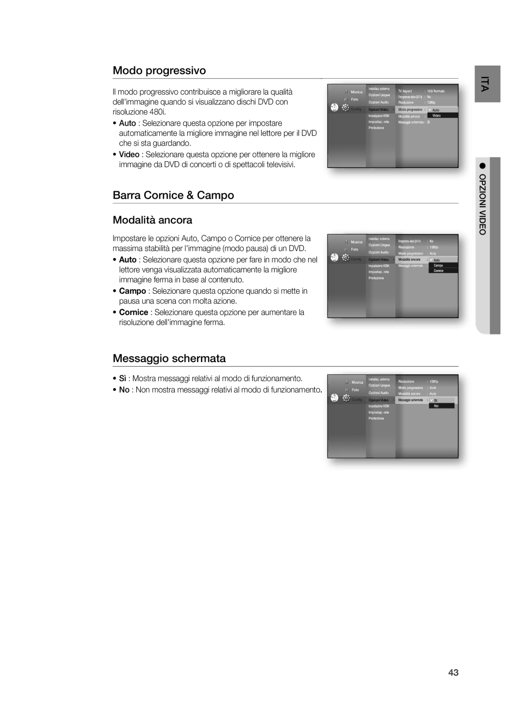 Samsung HT-BD6200R/XET manual Modo progressivo, Barra Cornice & Campo, Messaggio schermata 