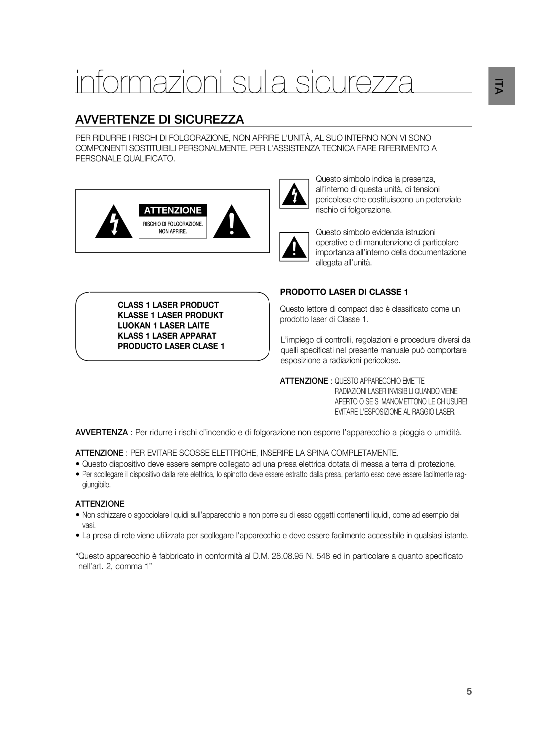 Samsung HT-BD6200R/XET manual Informazioni sulla sicurezza, Avvertenze DI Sicurezza, Attenzione 