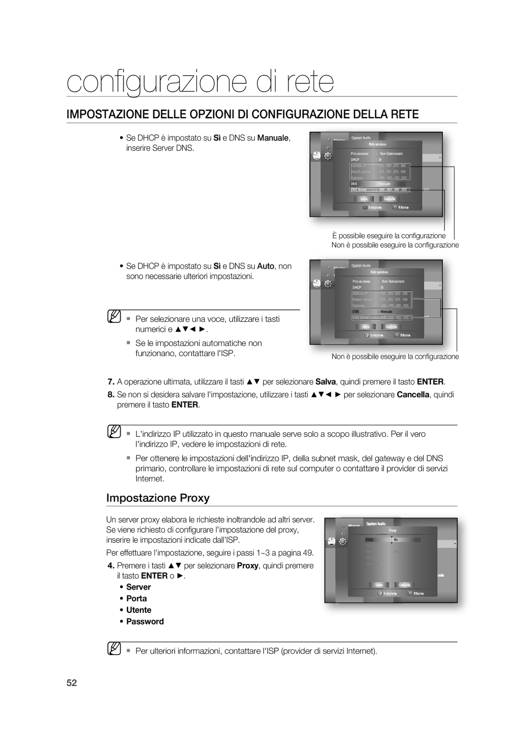 Samsung HT-BD6200R/XET manual Impostazione Proxy, Inserire le impostazioni indicate dallISP 