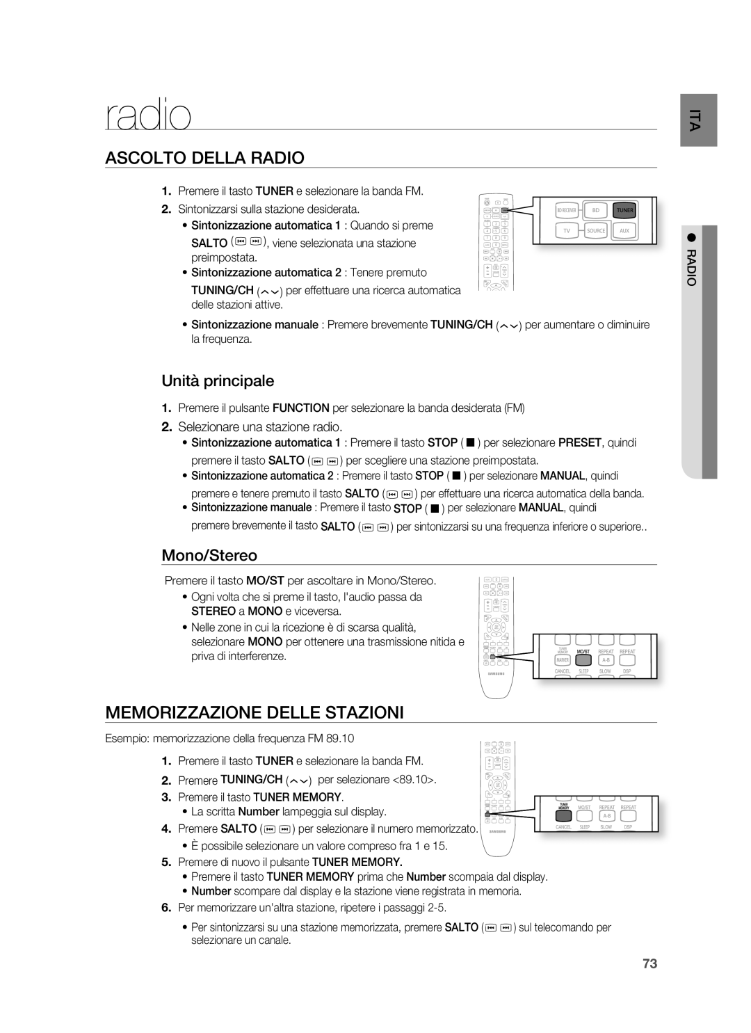 Samsung HT-BD6200R/XET manual Ascolto Della Radio, Memorizzazione Delle Stazioni, Unità principale, Mono/Stereo 