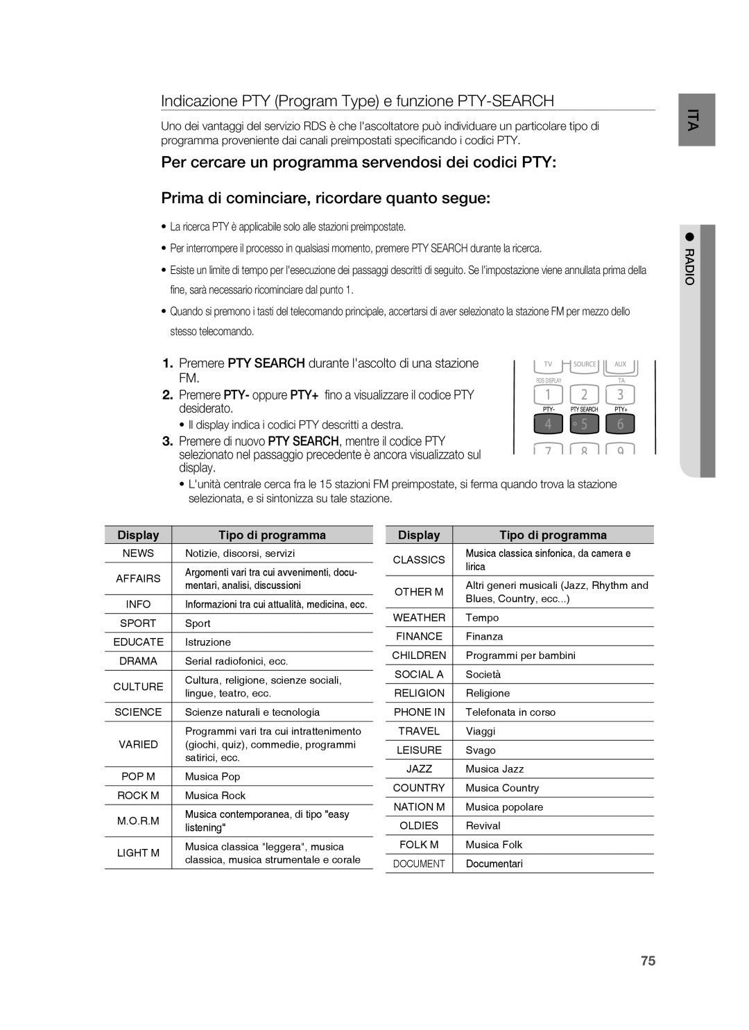 Samsung HT-BD6200R/XET manual Indicazione PTY Program Type e funzione PTY-SEARCH 