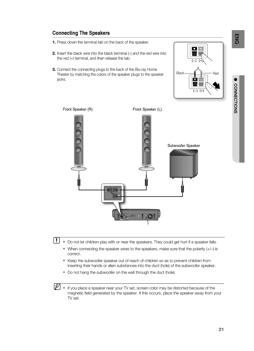 Samsung HT-BD7200 user manual Press down the terminal tab on the back of the speaker, Jacks Front Speaker R Front Speaker L 