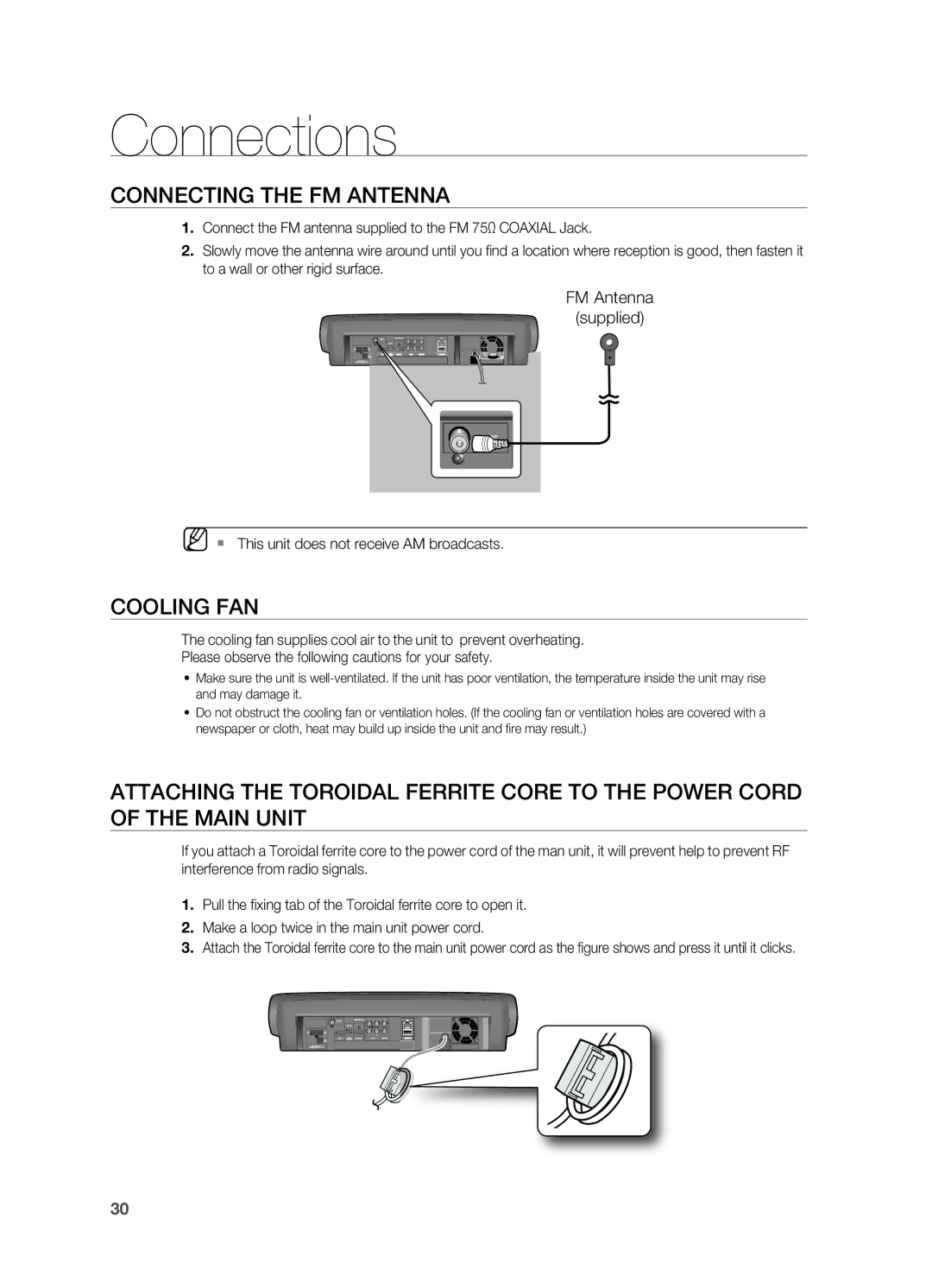 Samsung HT-BD7200 user manual Connecting the FM Antenna, Cooling FAN, ` This unit does not receive AM broadcasts 