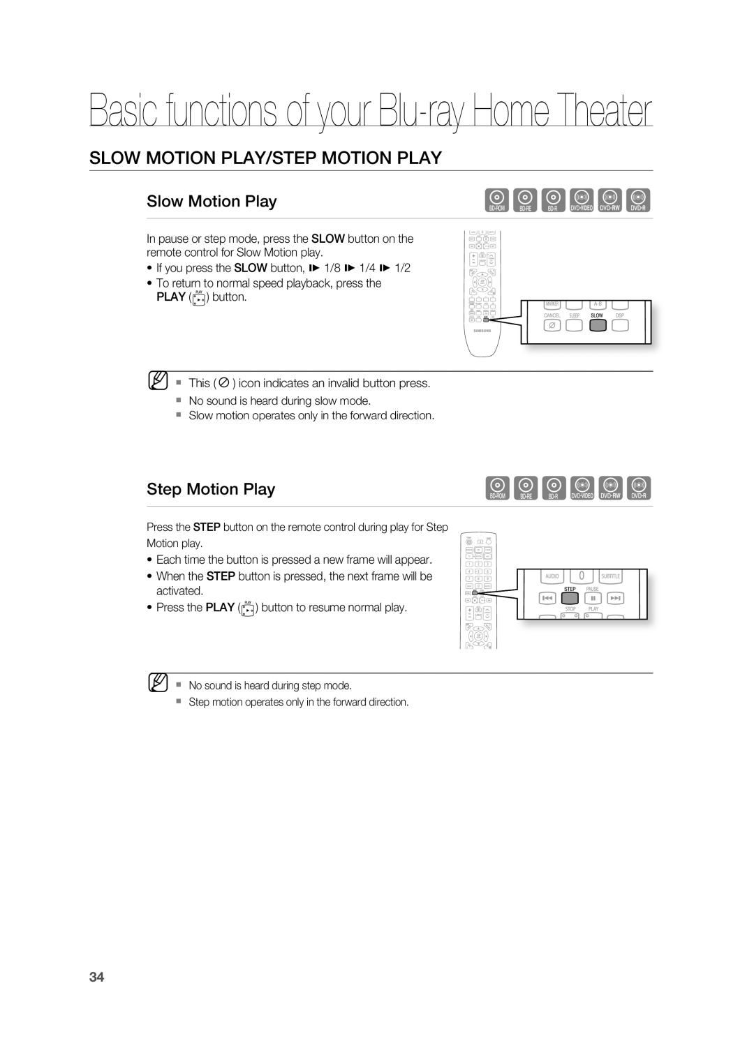 Samsung HT-BD7200 user manual Slow Motion PLAy/STEP Motion PLAy, Slow Motion Play, Step Motion Play 